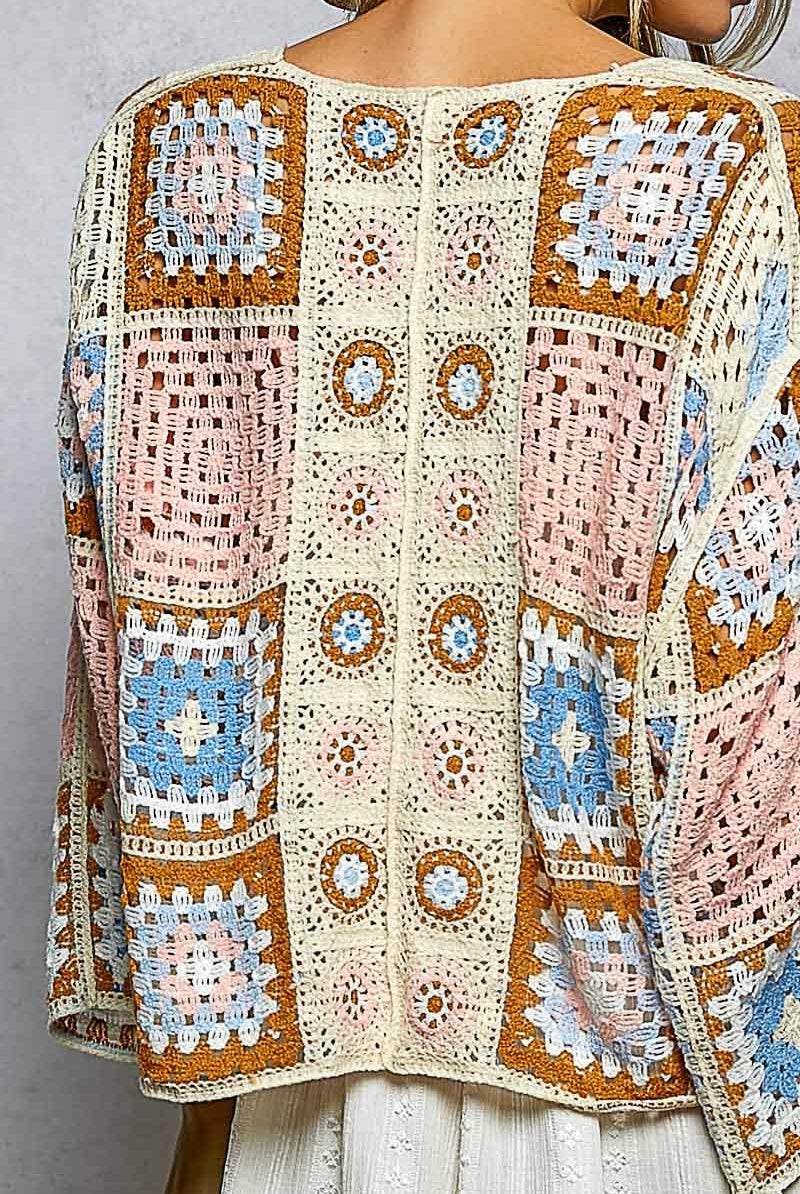 Granny Square 3/4 Sleeve Crochet Cardigan Top-Cardigan-Pol Clothing-Stuffology - Where Vintage Meets Modern, A Boutique for Real Women in Crosbyton, TX
