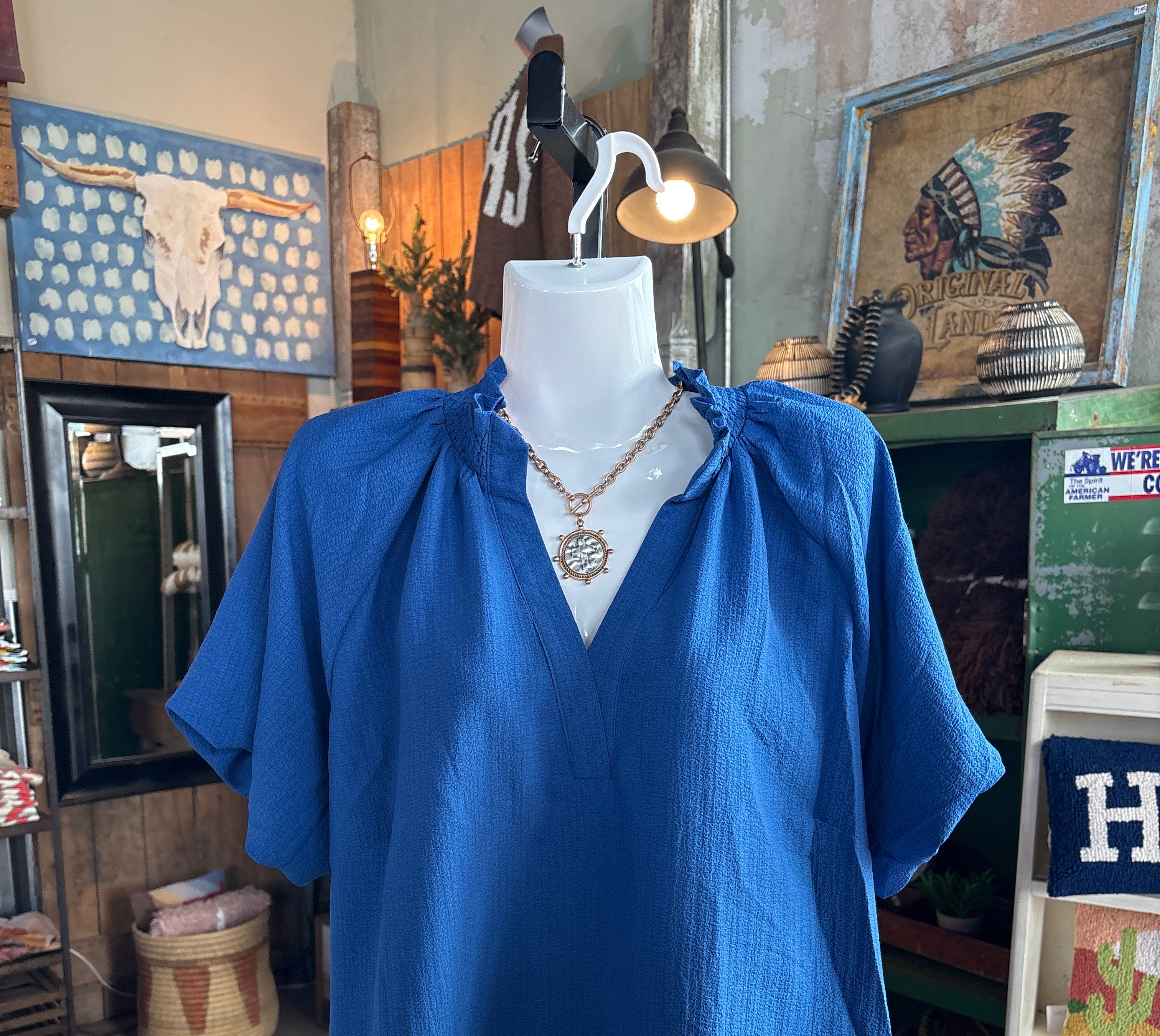 Scalloped Hem Texture Blouse - Ocean Blue-Umgee-Stuffology - Where Vintage Meets Modern, A Boutique for Real Women in Crosbyton, TX
