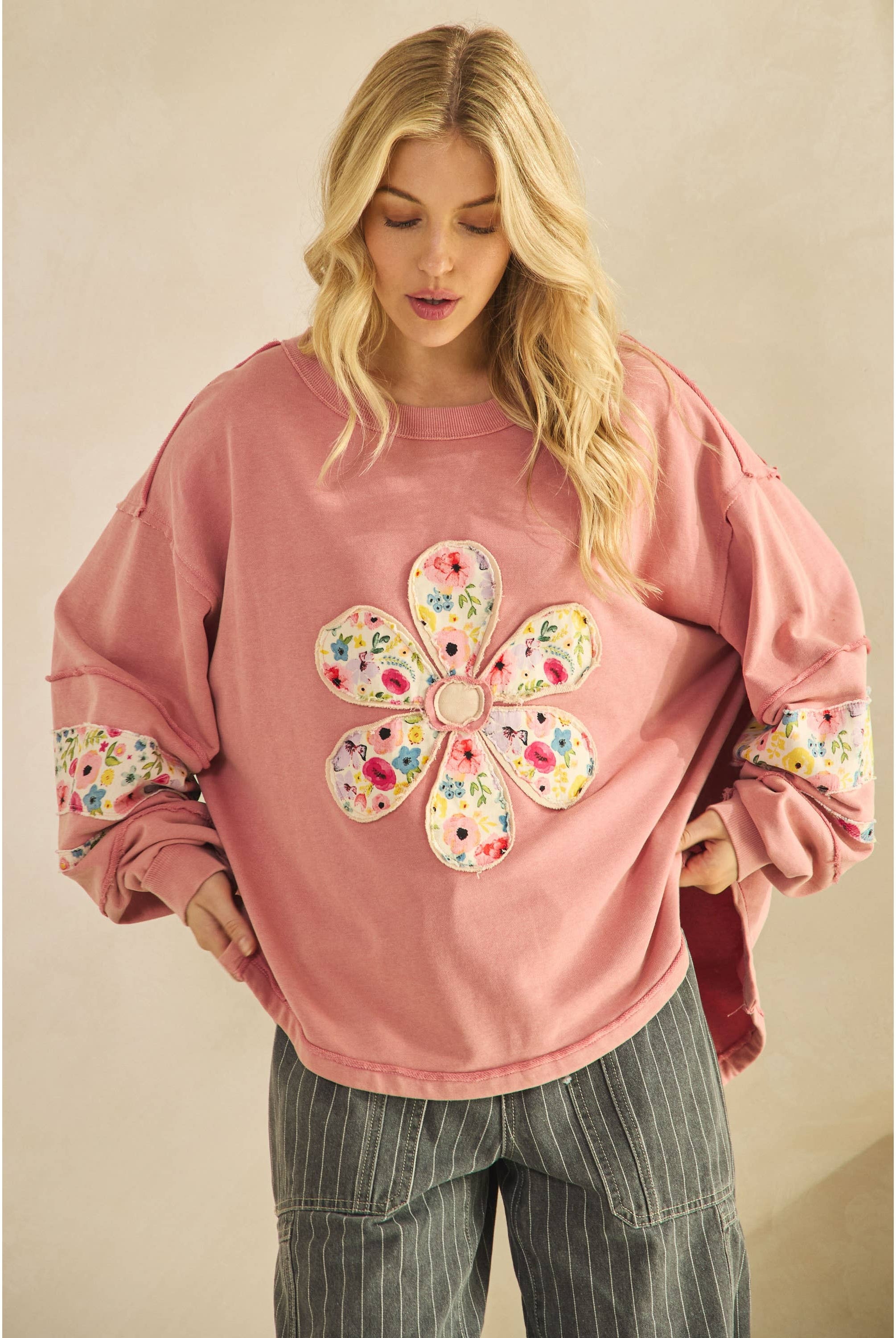 DAISY PATCH SWEATSHIRT-Sage + Fig-Stuffology - Where Vintage Meets Modern, A Boutique for Real Women in Crosbyton, TX