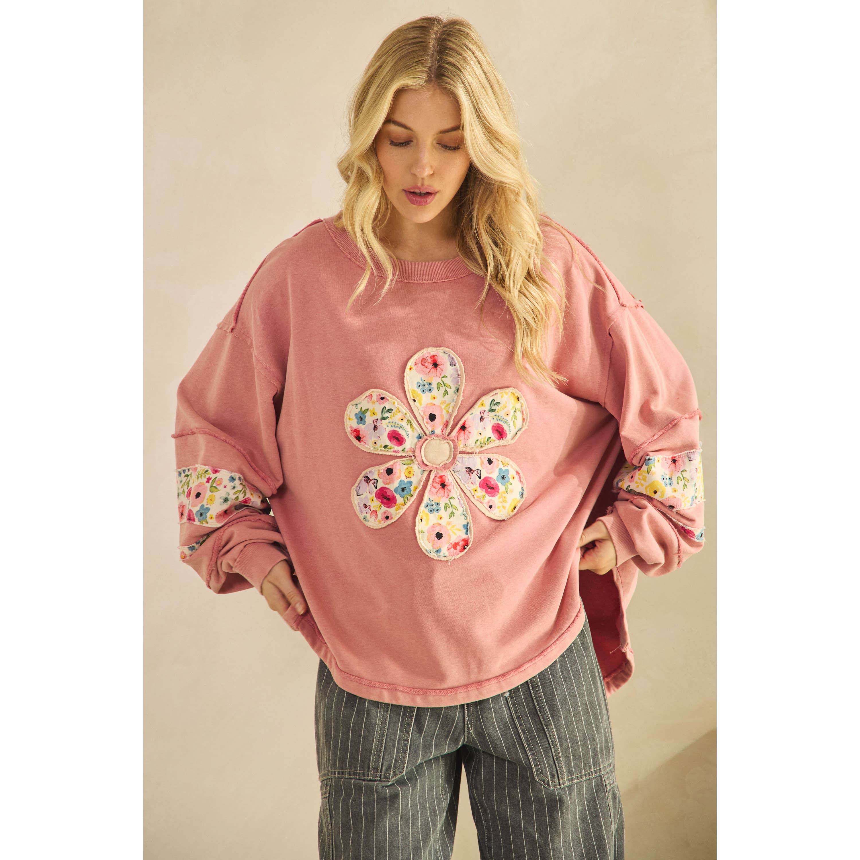 DAISY PATCH SWEATSHIRT-Sage + Fig-Stuffology - Where Vintage Meets Modern, A Boutique for Real Women in Crosbyton, TX