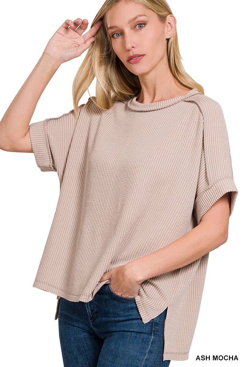 Corded Rib Short Cuff Sleeve Raw Edge Top-TOP-Stuffology Boutique-Stuffology - Where Vintage Meets Modern, A Boutique for Real Women in Crosbyton, TX