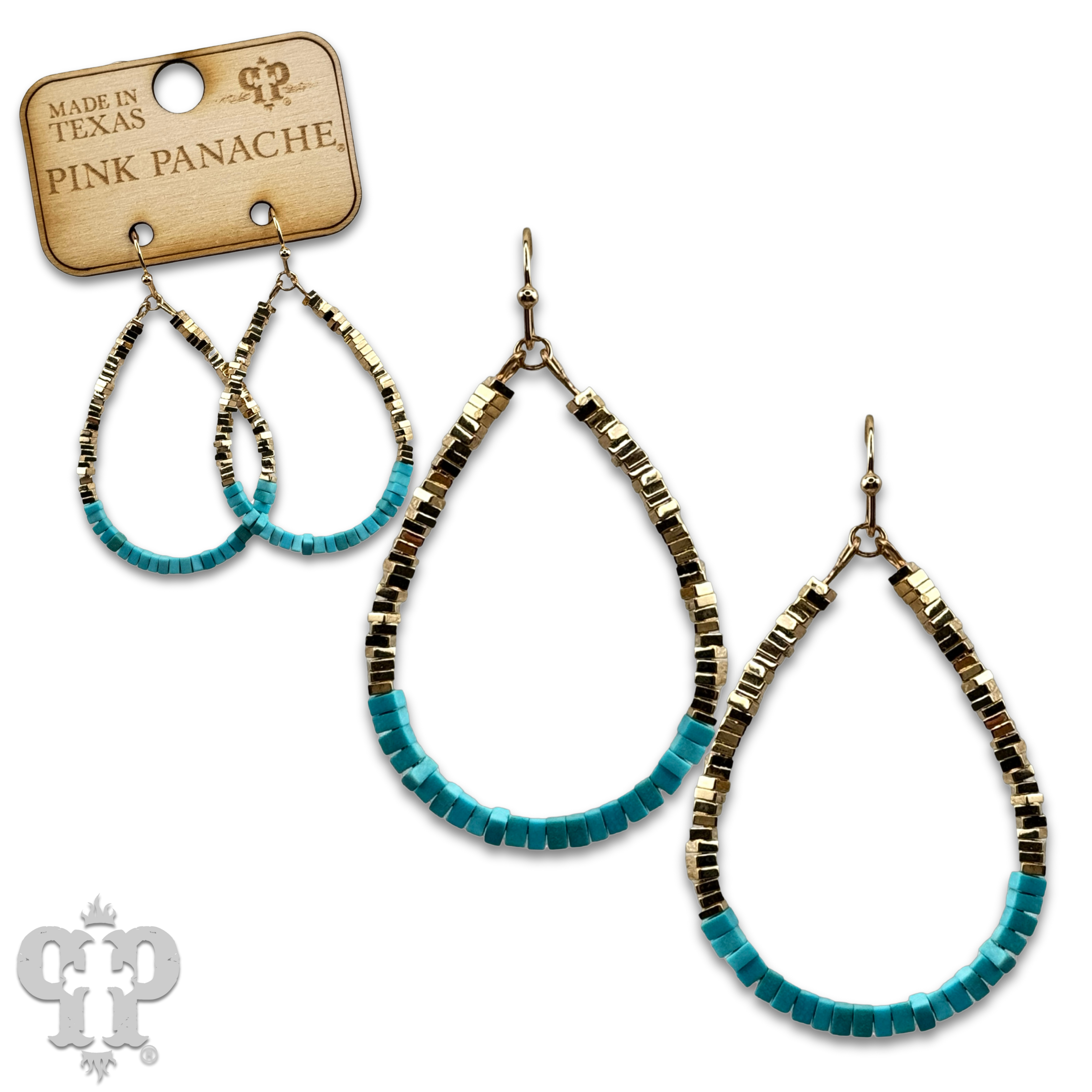 Gold and turquoise square bead teardrop earring-Pink Panache Brands-Stuffology - Where Vintage Meets Modern, A Boutique for Real Women in Crosbyton, TX