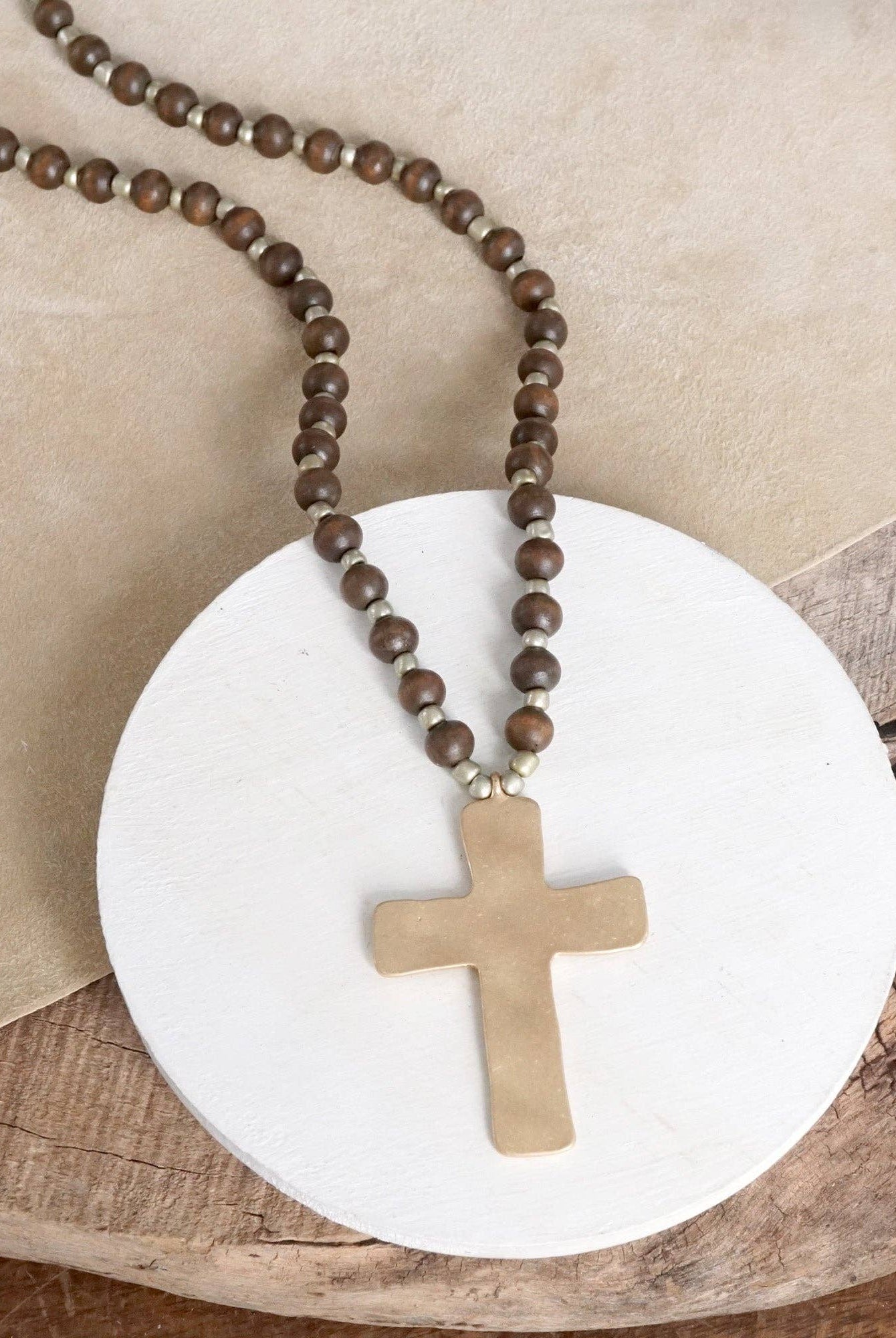 Long Wooden Bead Necklace with Gold Cross-Necklaces-PennyLine inc-Stuffology - Where Vintage Meets Modern, A Boutique for Real Women in Crosbyton, TX