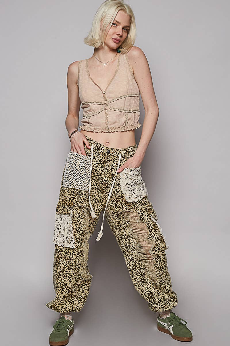 POL Clothing Sand Leopard Vintage Wash Crochet Patch Distressed Jogger Pants-Pants-Pol Clothing-Stuffology - Where Vintage Meets Modern, A Boutique for Real Women in Crosbyton, TX