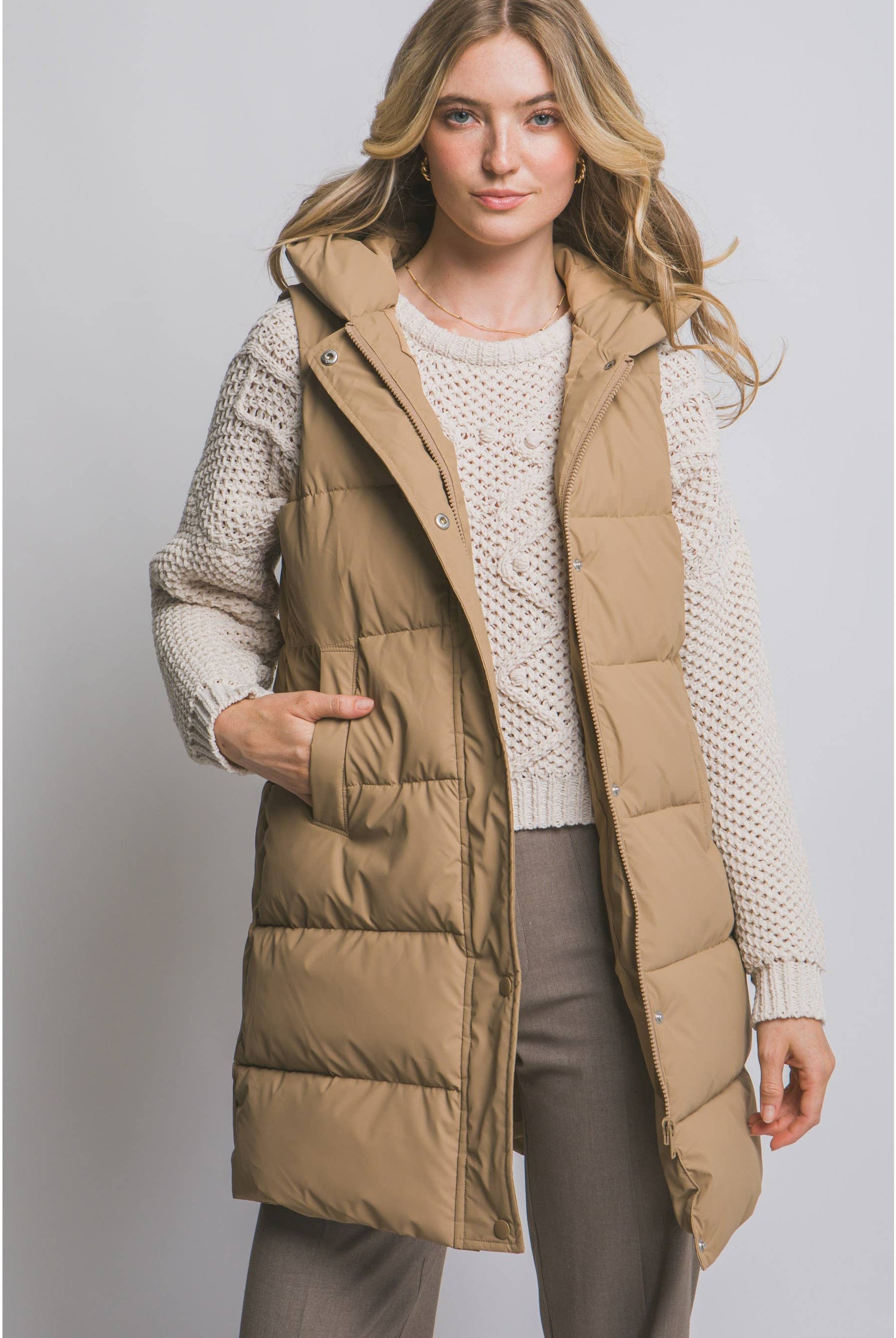 Hooded Long Quilted Puffer Vest w Zip Snap Closure-HiteJeans-Stuffology - Where Vintage Meets Modern, A Boutique for Real Women in Crosbyton, TX
