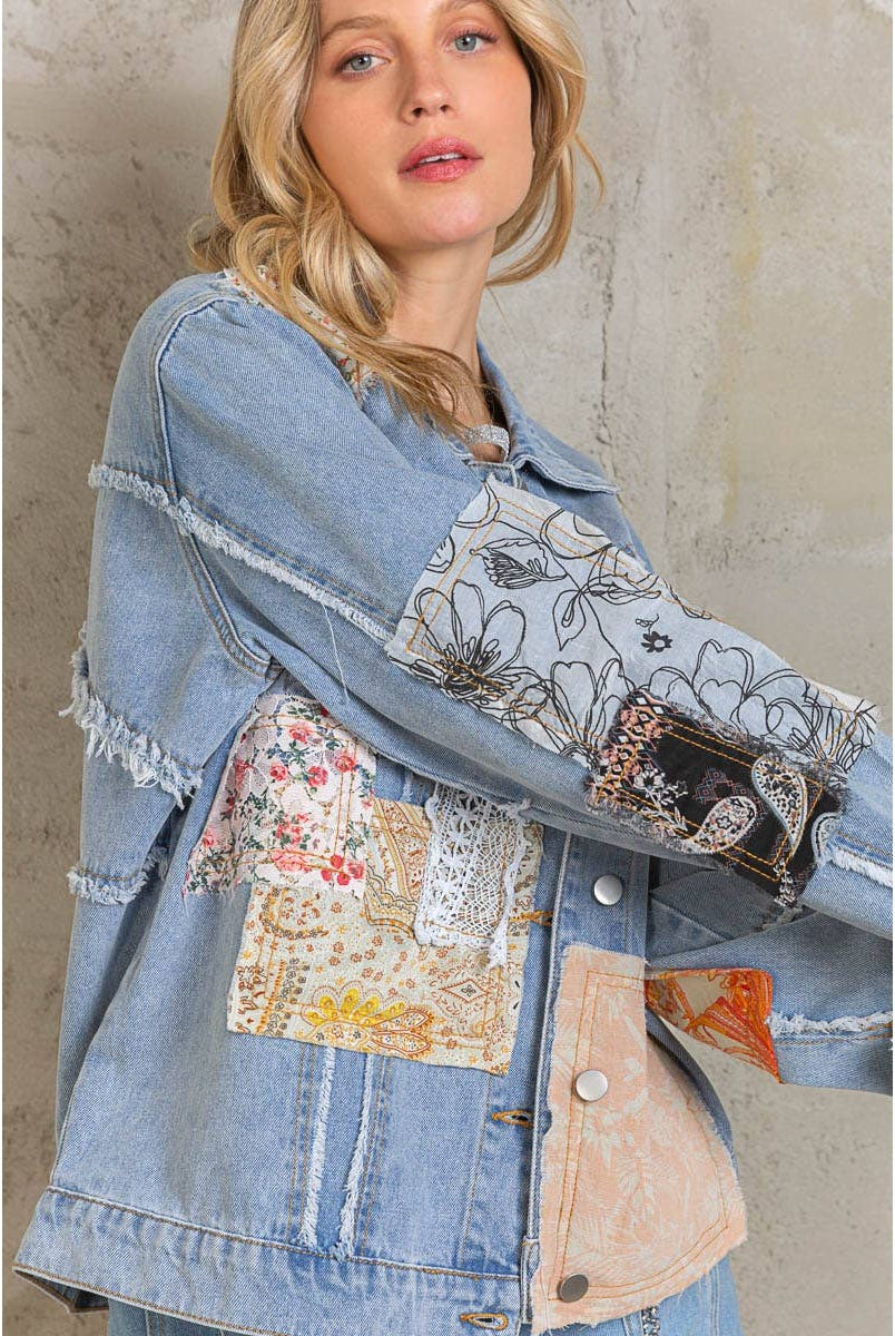 Distressed Outseam Patch Detail Button Down Denim Jacket /Stuffology Boutique-Jackets-Pol Clothing-Stuffology - Where Vintage Meets Modern, A Boutique for Real Women in Crosbyton, TX