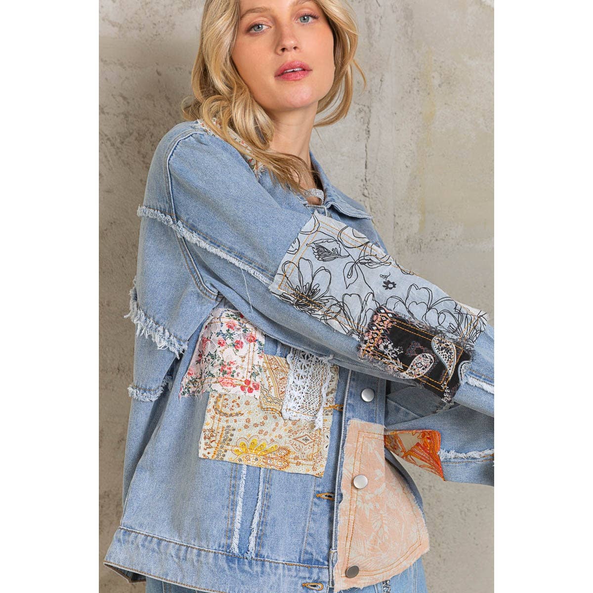 Distressed Outseam Patch Detail Button Down Denim Jacket /Stuffology Boutique-Jackets-Pol Clothing-Stuffology - Where Vintage Meets Modern, A Boutique for Real Women in Crosbyton, TX