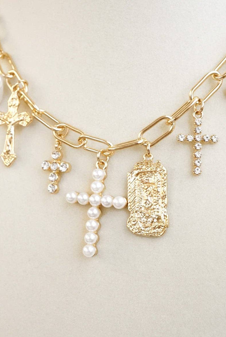 Radiant Faith – Mixed Charm Cascade Necklace in Gold Tone-Necklaces-PennyLine inc-Stuffology - Where Vintage Meets Modern, A Boutique for Real Women in Crosbyton, TX