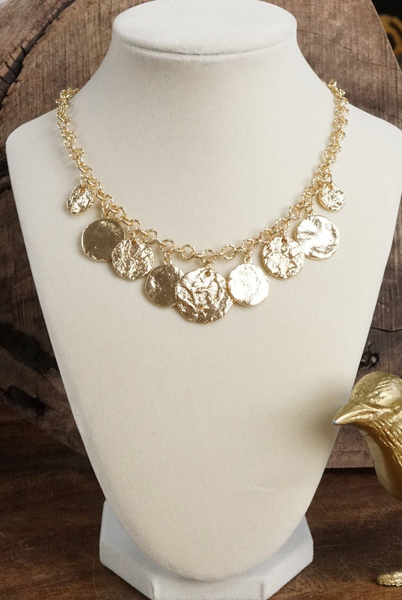 Textured Coins Statement Necklace – Gold Tone-Necklaces-PennyLine inc-Stuffology - Where Vintage Meets Modern, A Boutique for Real Women in Crosbyton, TX