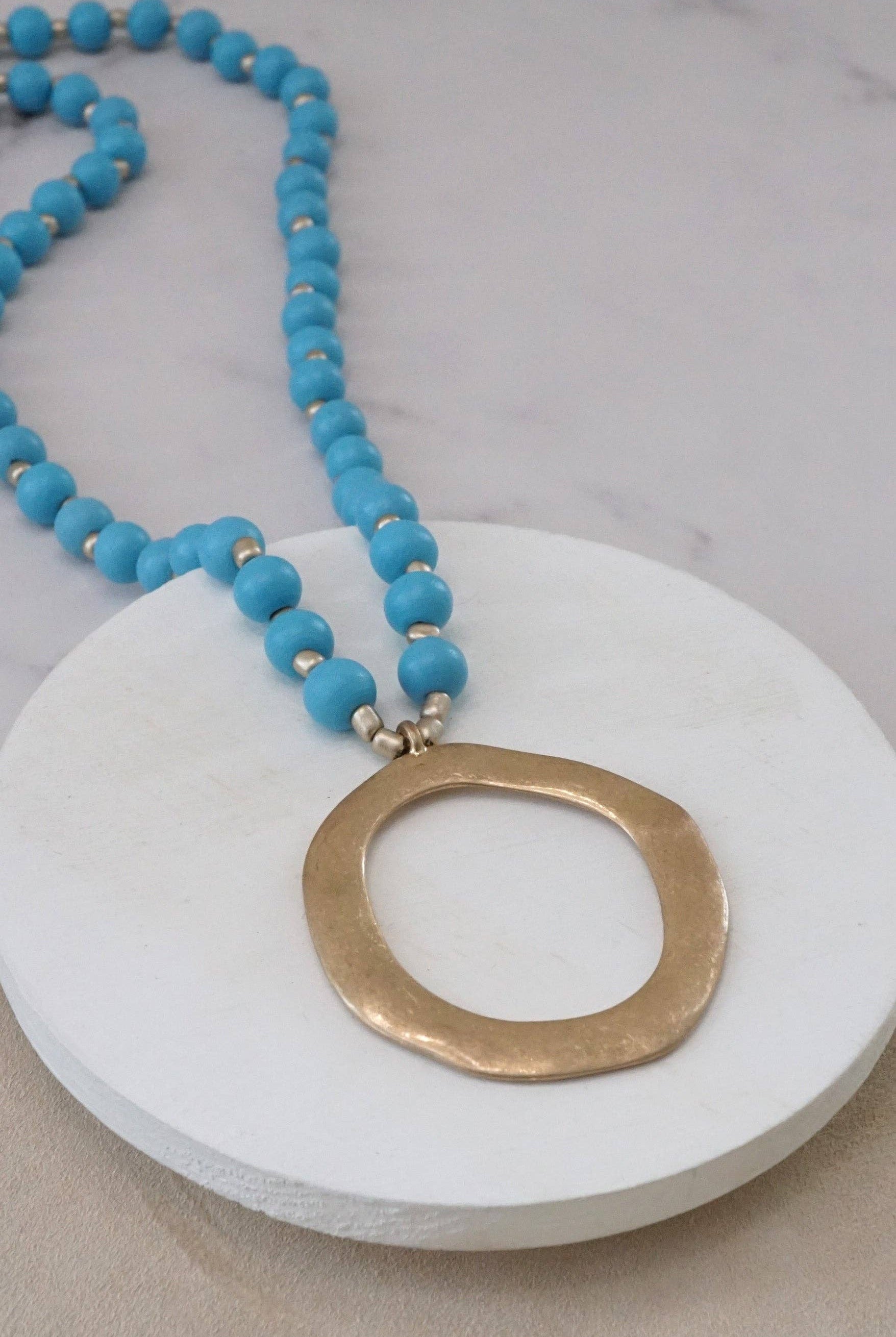 Long Wooden Bead Necklace with gold circle - Turquoise Blue-PennyLine inc-Stuffology - Where Vintage Meets Modern, A Boutique for Real Women in Crosbyton, TX
