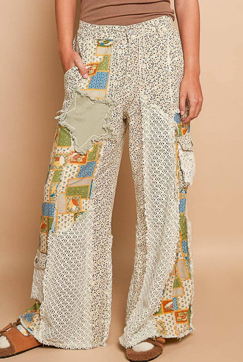 Printed Patchwork Star Detail Woven Twill Pants Jeans-Jeans-Pol Clothing-Stuffology - Where Vintage Meets Modern, A Boutique for Real Women in Crosbyton, TX