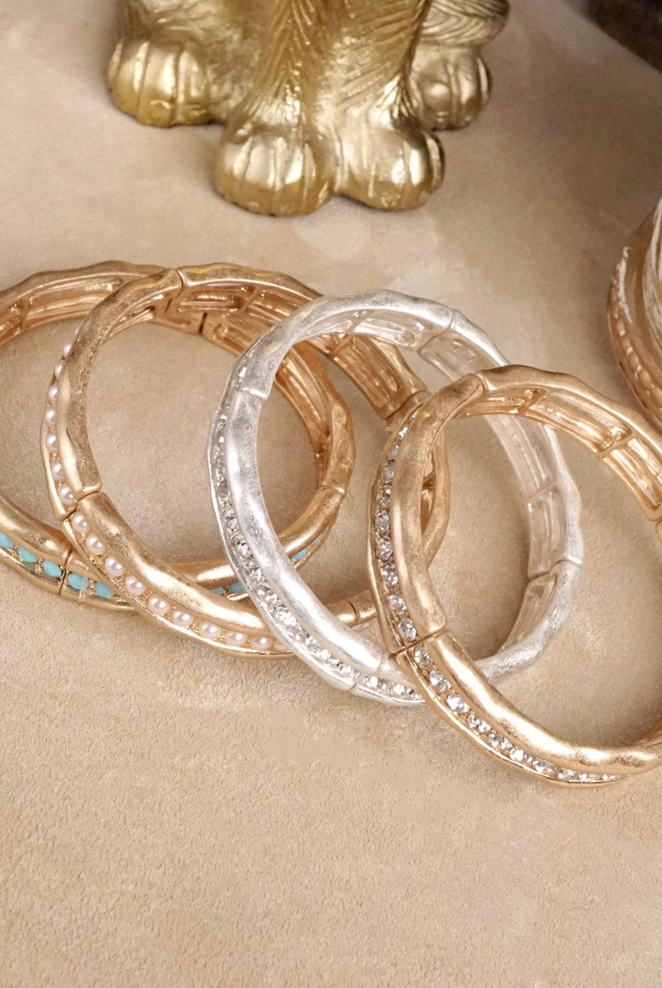 Minimalist TurquoiseCrystal Bangle Bracelet – Brushed Gold-PennyLine inc-Stuffology - Where Vintage Meets Modern, A Boutique for Real Women in Crosbyton, TX