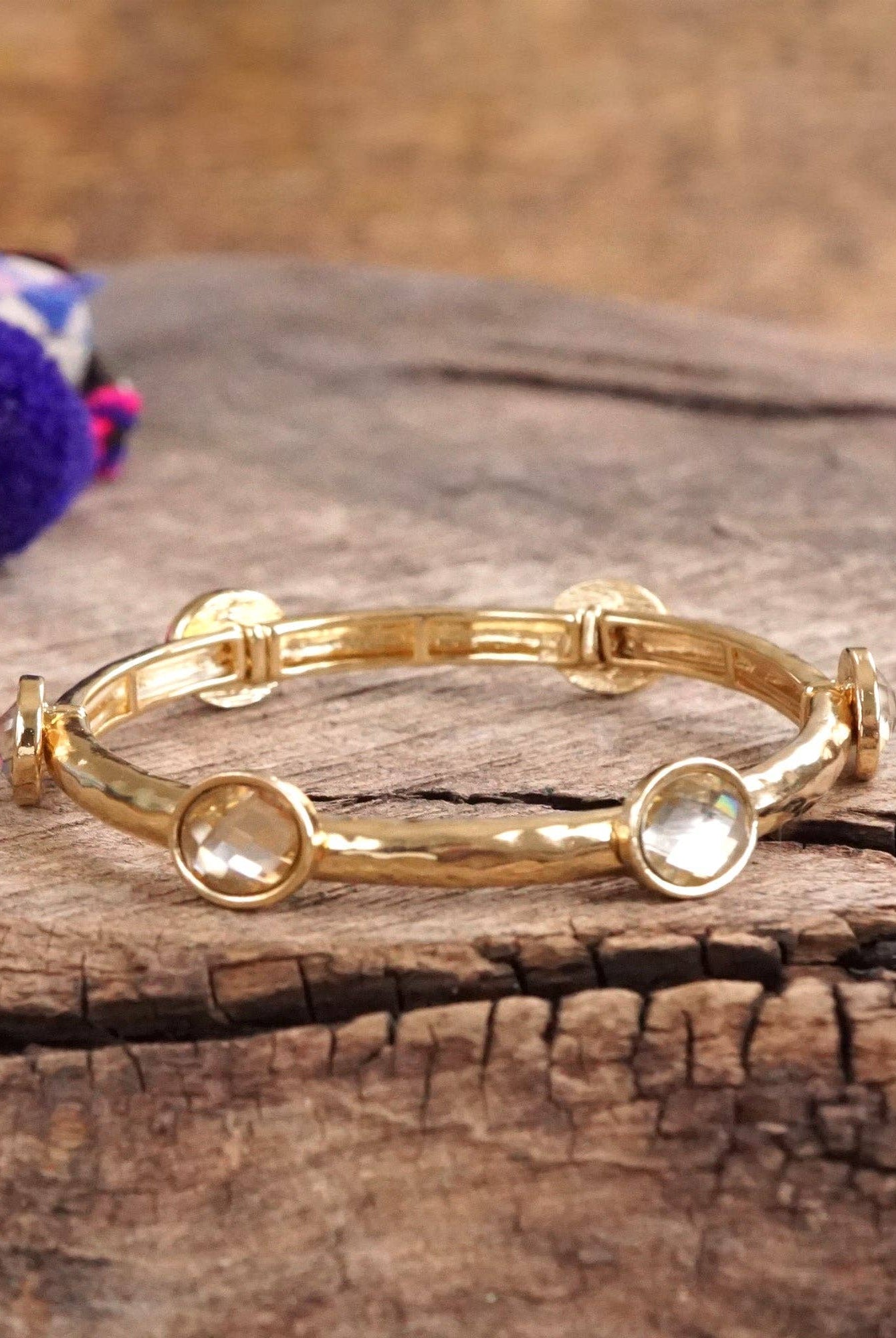 Jeweled Golden Bangle - with Faceted glass oval colorful jewels-Bracelets-PennyLine inc-Stuffology - Where Vintage Meets Modern, A Boutique for Real Women in Crosbyton, TX