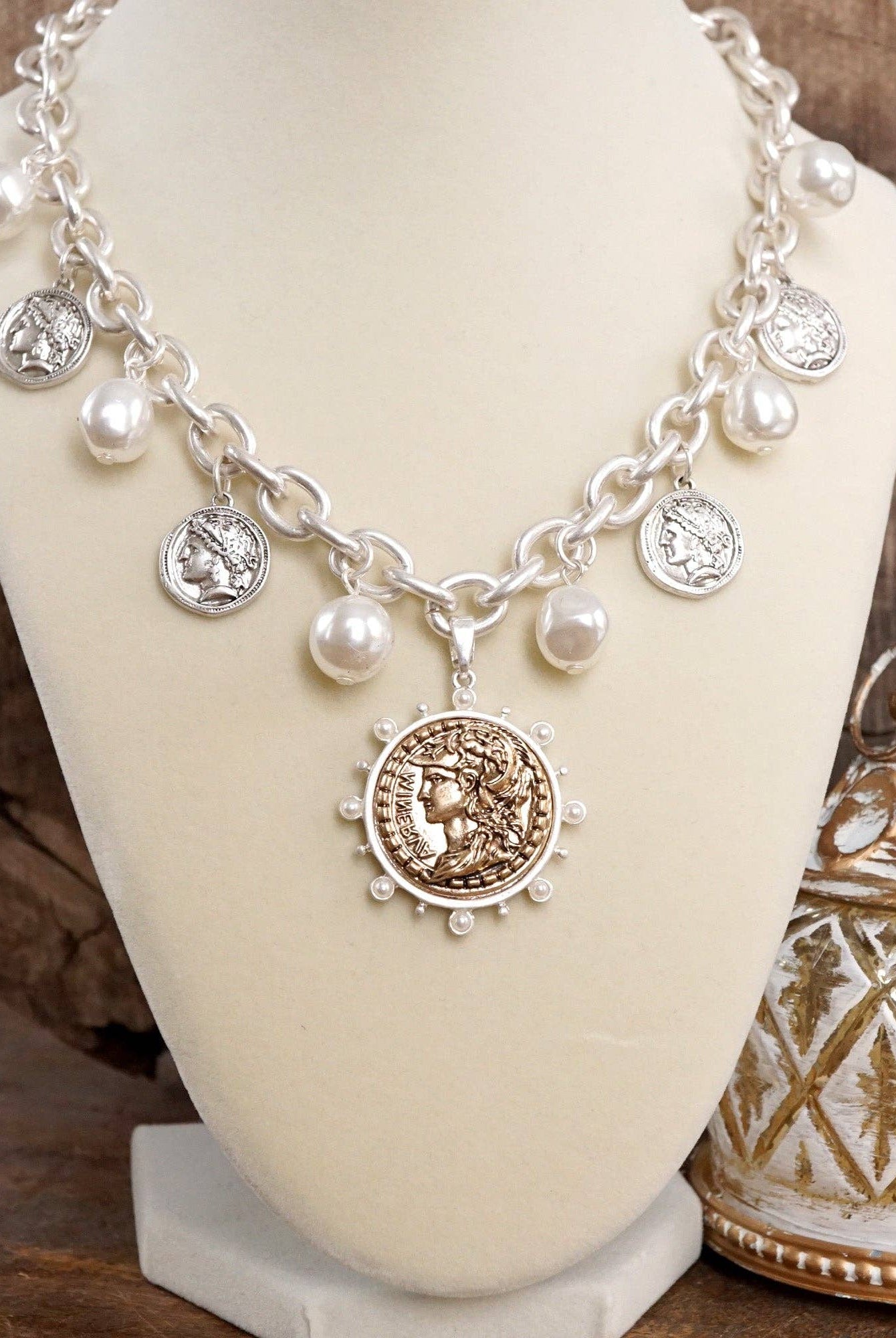 Boho Coin and Pearl Charms Statement Necklace – Gold and Silver Tone-PennyLine inc-Stuffology - Where Vintage Meets Modern, A Boutique for Real Women in Crosbyton, TX