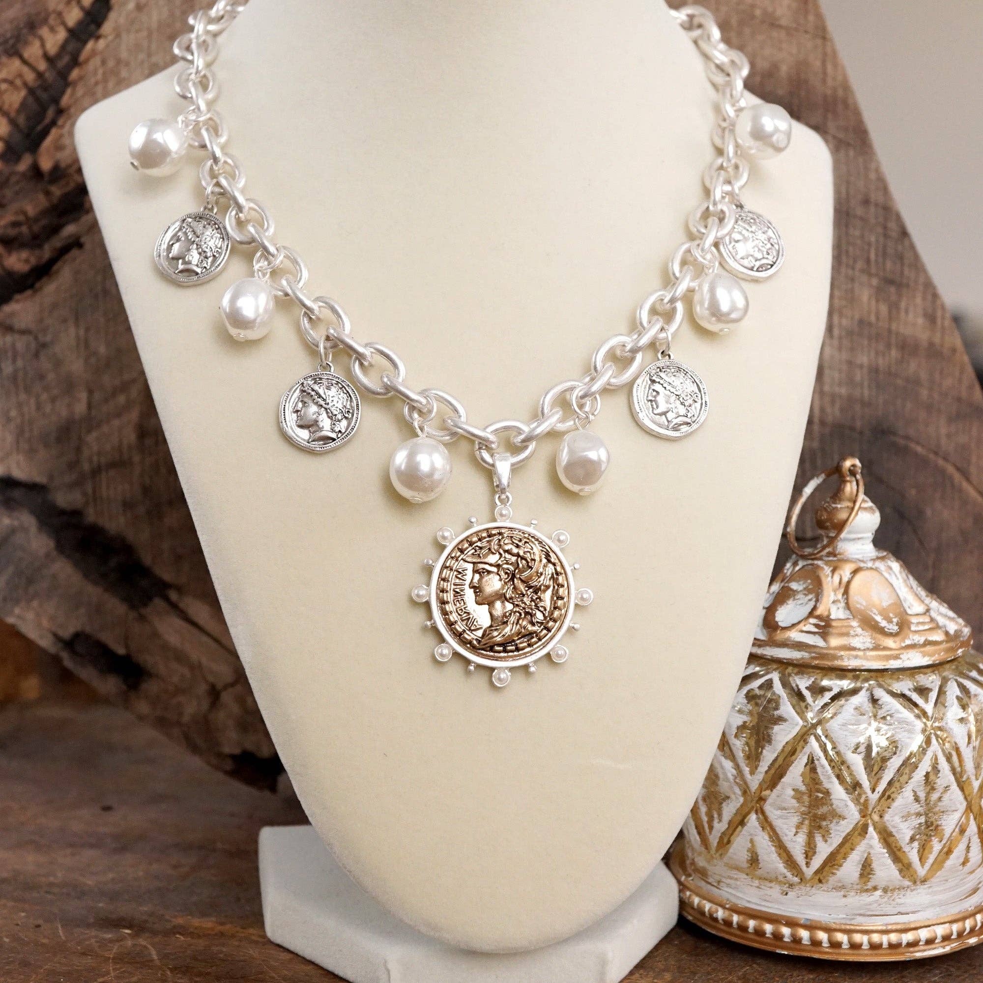 Boho Coin and Pearl Charms Statement Necklace – Gold and Silver Tone-PennyLine inc-Stuffology - Where Vintage Meets Modern, A Boutique for Real Women in Crosbyton, TX