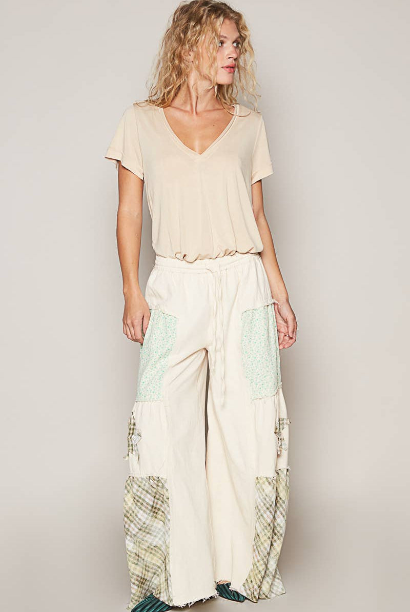 Star patch detail solid chambray wide pants-Pants-Pol Clothing-Stuffology - Where Vintage Meets Modern, A Boutique for Real Women in Crosbyton, TX