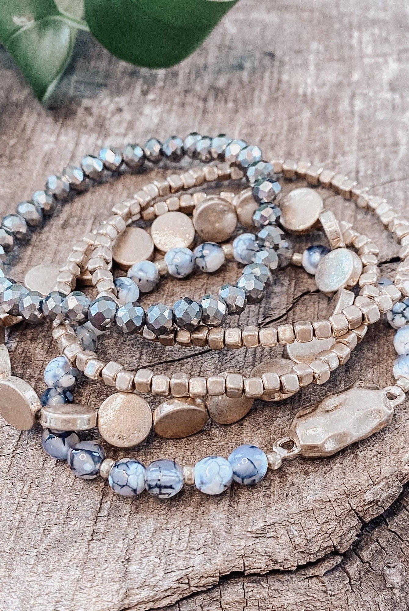 5 piece Boho Beaded Bracelets Stack Semi Precious Metal Glass Beads Golden nugget flat beads-Bracelets-PennyLine inc-Stuffology - Where Vintage Meets Modern, A Boutique for Real Women in Crosbyton, TX
