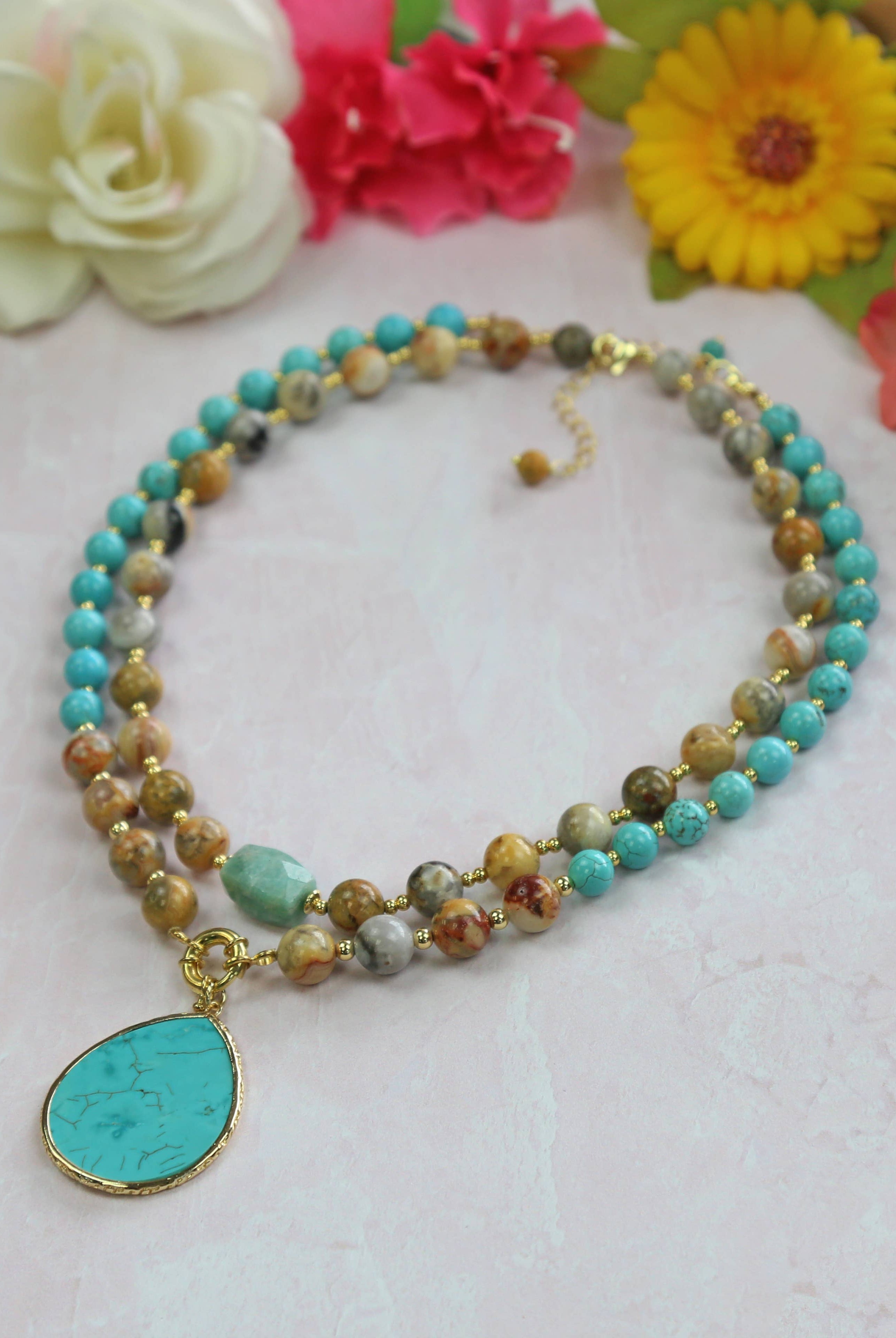 Crazy Lace Agate and Magnesite Turquoise Pendant Necklace-IST Jewelry-Stuffology - Where Vintage Meets Modern, A Boutique for Real Women in Crosbyton, TX