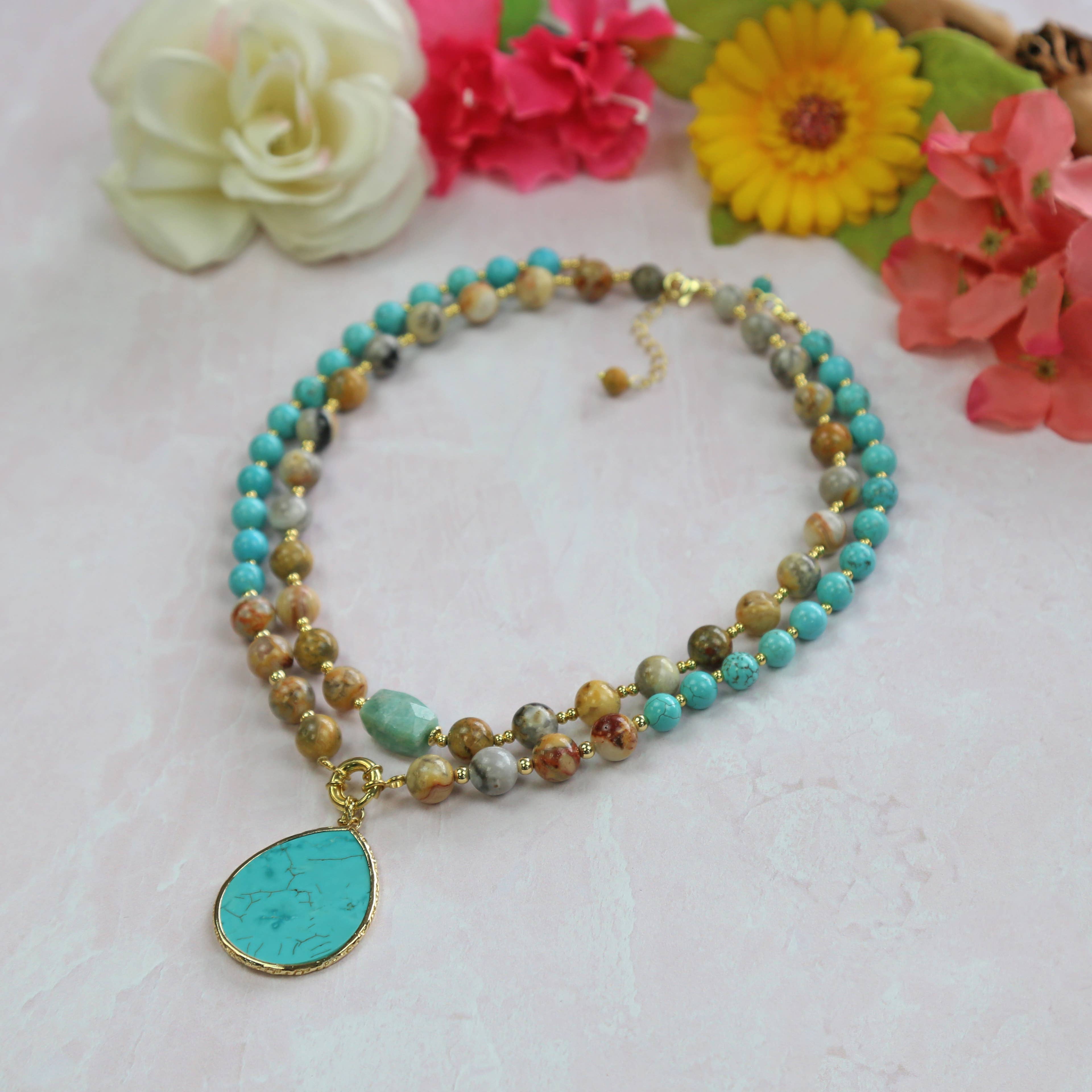 Crazy Lace Agate and Magnesite Turquoise Pendant Necklace-IST Jewelry-Stuffology - Where Vintage Meets Modern, A Boutique for Real Women in Crosbyton, TX