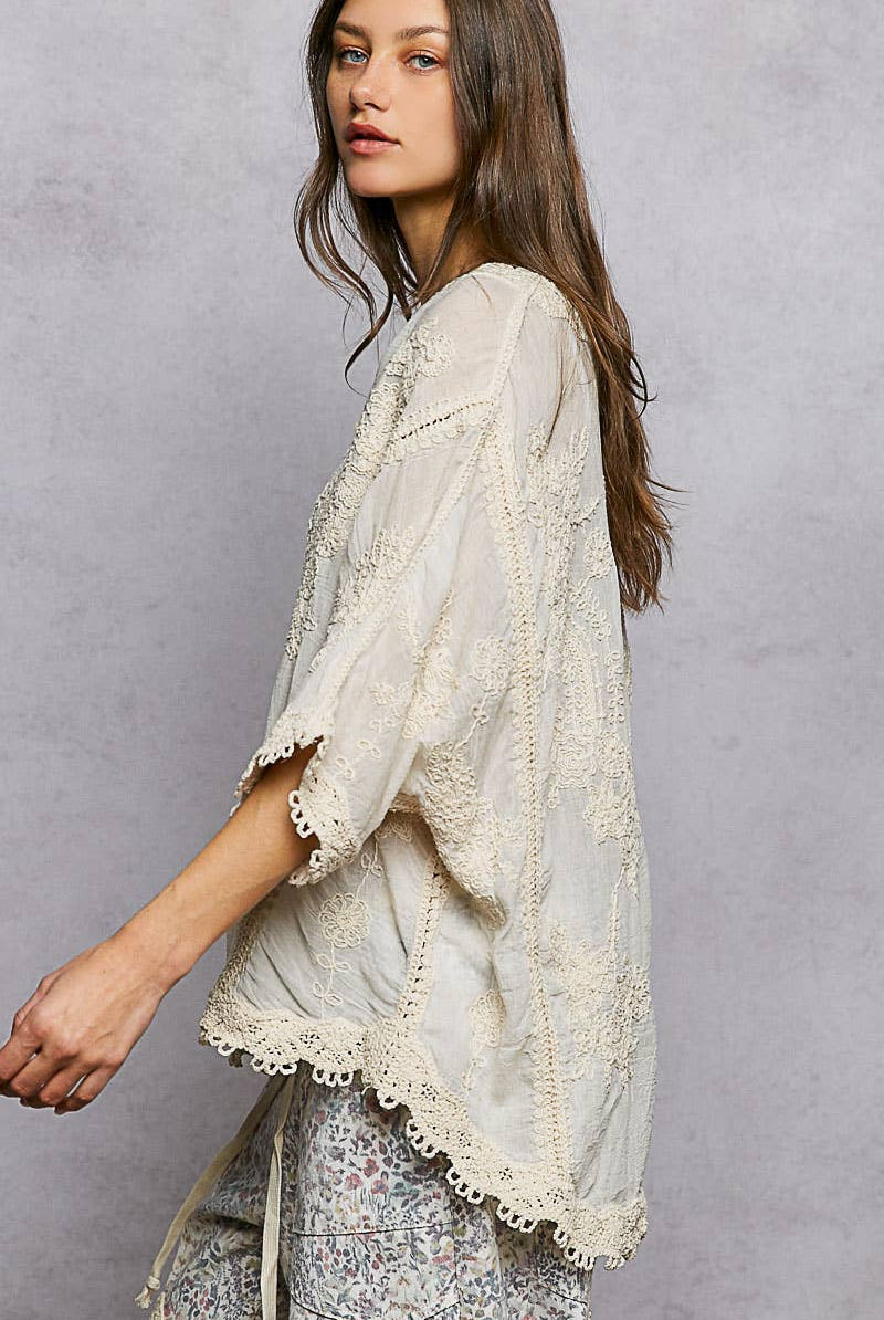 POL Clothing V-neck Short Sleeve Floral Embroidered Crochet Blouse Top-Crochet Top-Pol Clothing-Stuffology - Where Vintage Meets Modern, A Boutique for Real Women in Crosbyton, TX