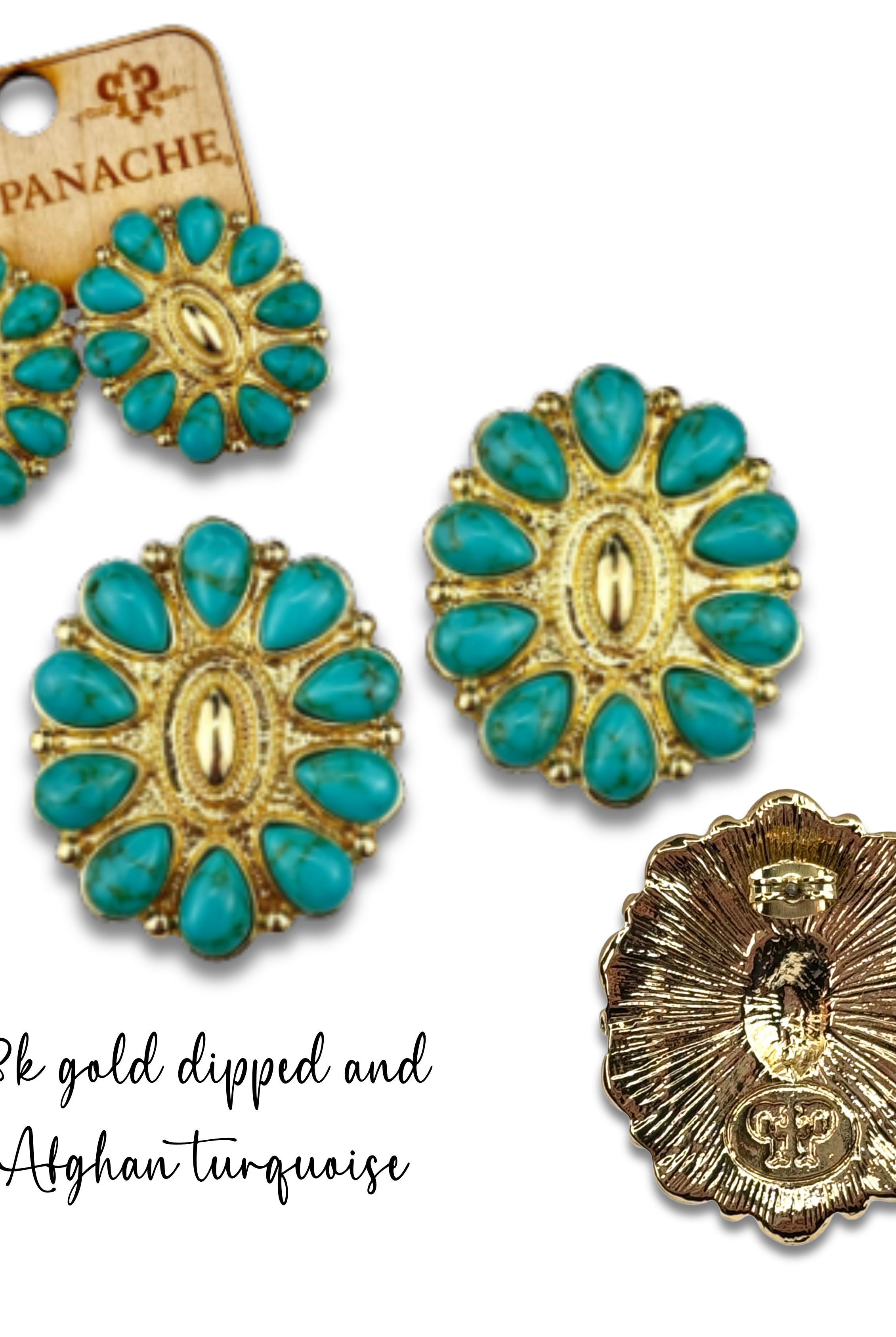 Turquoise and 18k gold dipped concho earring-Earrings-Pink Panache Brands-Stuffology - Where Vintage Meets Modern, A Boutique for Real Women in Crosbyton, TX
