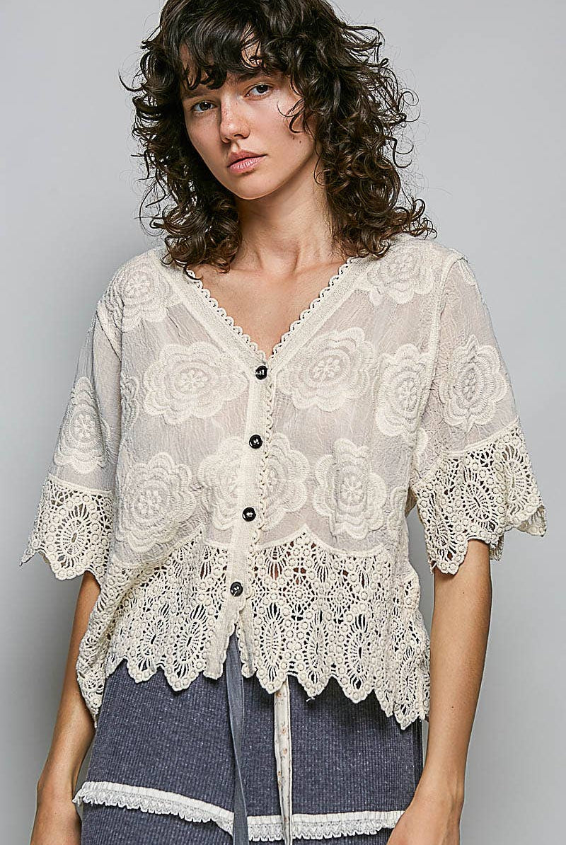 Crochet Trim Neckline Short Sleeve Jacket Top-Pol Clothing-Stuffology - Where Vintage Meets Modern, A Boutique for Real Women in Crosbyton, TX