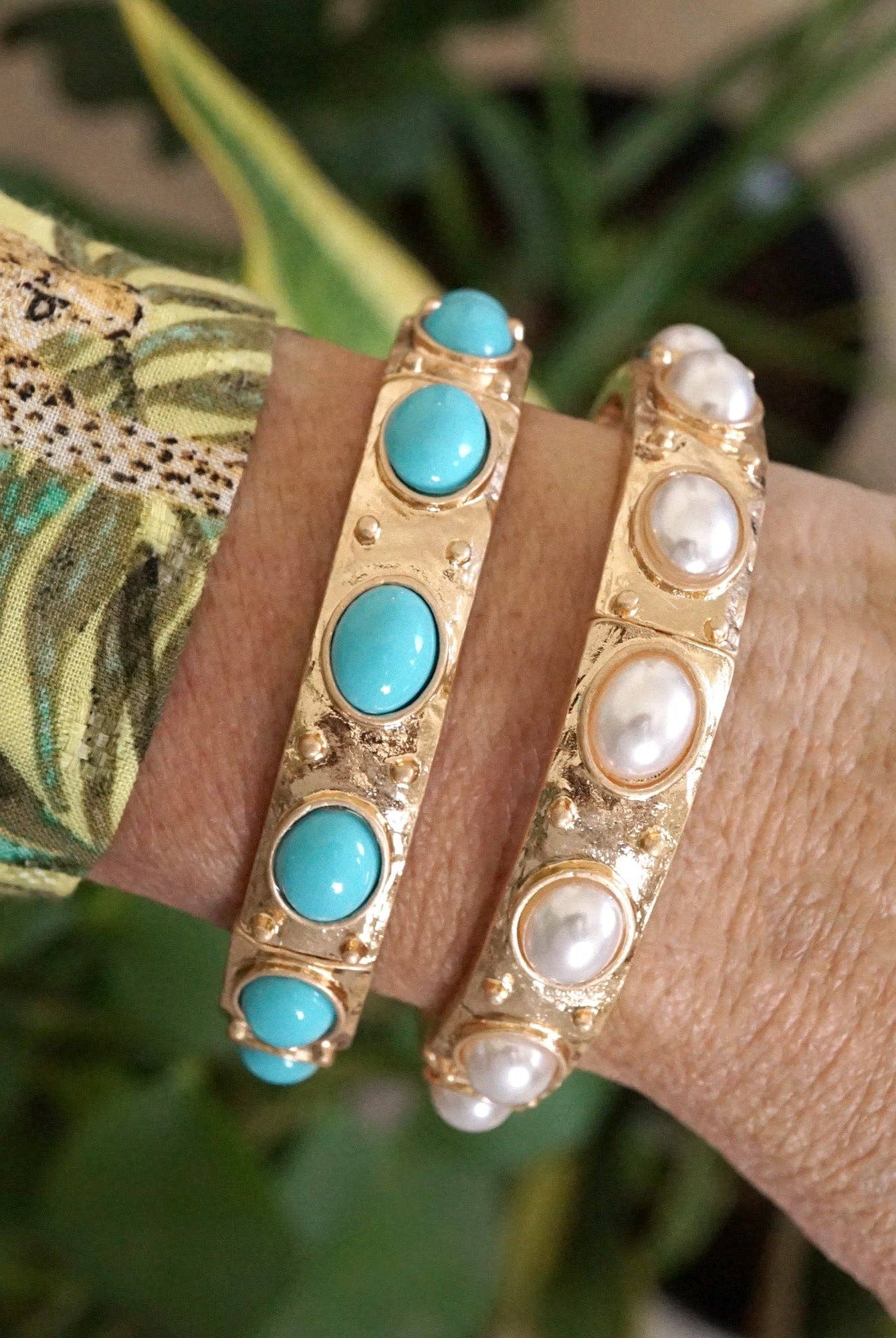 Classic Golden Stretchy Bangles – Pearl or Turquoise Accents-Bracelets-PennyLine inc-Stuffology - Where Vintage Meets Modern, A Boutique for Real Women in Crosbyton, TX