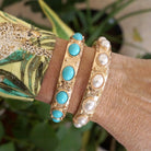 Classic Golden Stretchy Bangles – Pearl or Turquoise Accents-Bracelets-PennyLine inc-Stuffology - Where Vintage Meets Modern, A Boutique for Real Women in Crosbyton, TX