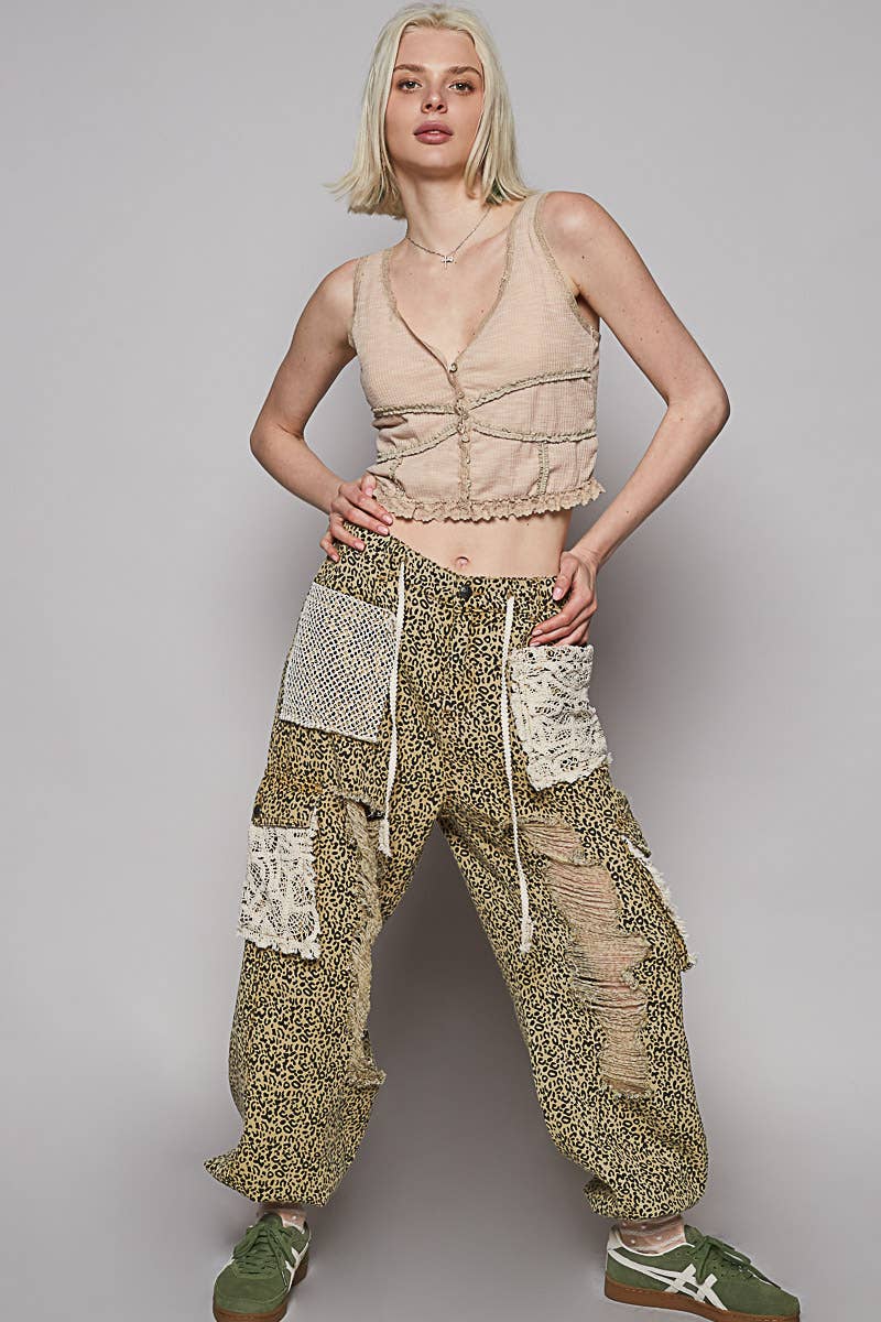 POL Clothing Sand Leopard Vintage Wash Crochet Patch Distressed Jogger Pants-Pants-Pol Clothing-Stuffology - Where Vintage Meets Modern, A Boutique for Real Women in Crosbyton, TX