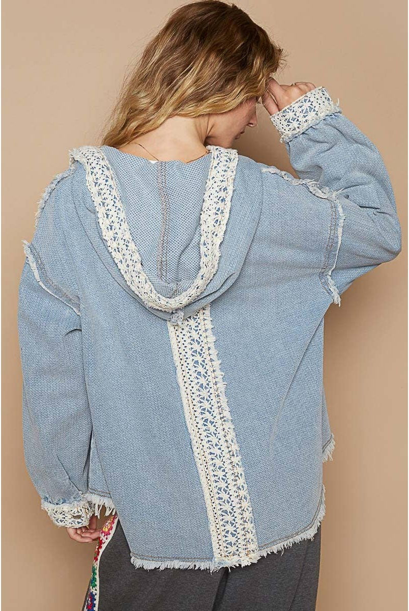 Vintage Washed Crochet Details Denim Jacket/Stuffology Boutique-Jackets-Pol Clothing-Stuffology - Where Vintage Meets Modern, A Boutique for Real Women in Crosbyton, TX