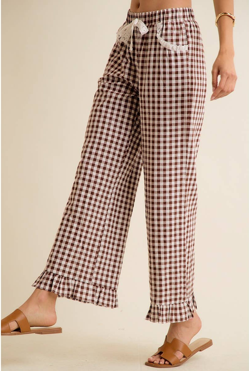 GINGHAM LACE RUFFLED PULL ON PANTS-So Me-Stuffology - Where Vintage Meets Modern, A Boutique for Real Women in Crosbyton, TX