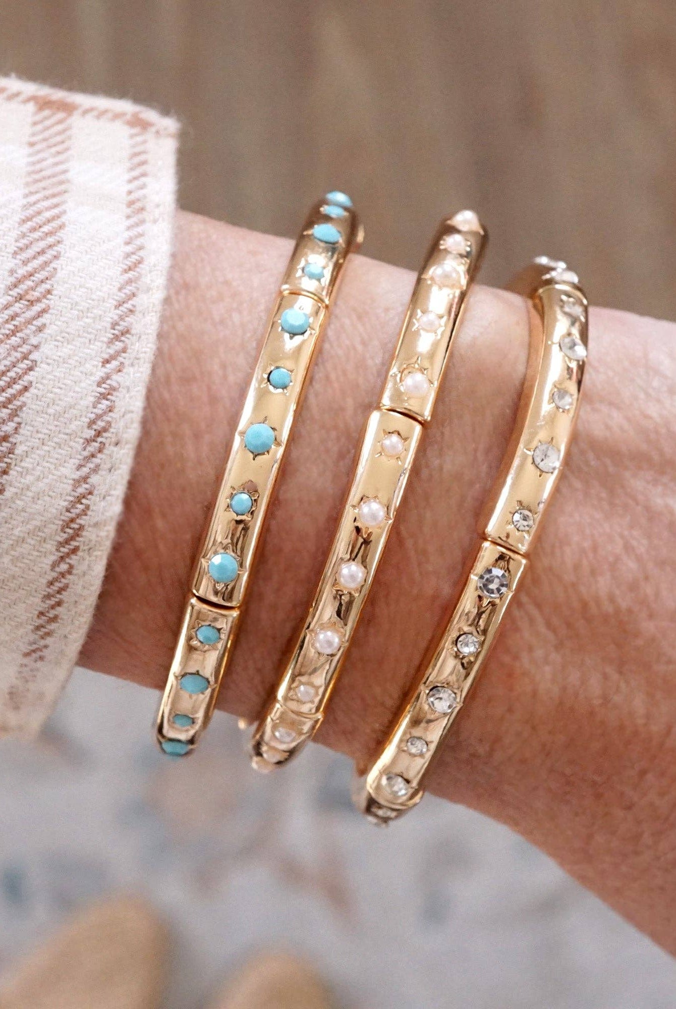 Gold-Tone Eternity Stretch Bangle – Pearls, Turquoise, or Crystals-Bracelets-PennyLine inc-Stuffology - Where Vintage Meets Modern, A Boutique for Real Women in Crosbyton, TX