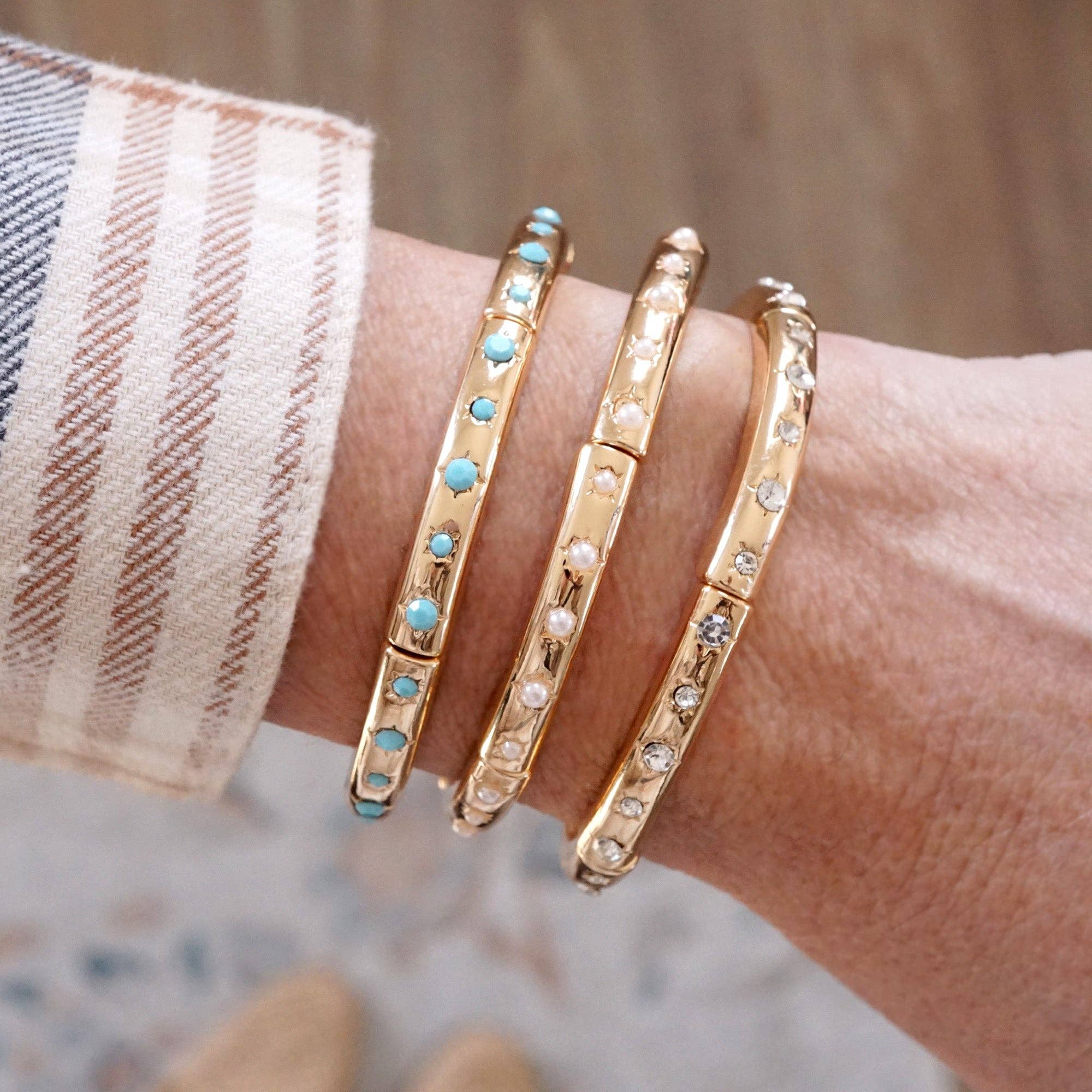 Gold-Tone Eternity Stretch Bangle – Pearls, Turquoise, or Crystals-Bracelets-PennyLine inc-Stuffology - Where Vintage Meets Modern, A Boutique for Real Women in Crosbyton, TX