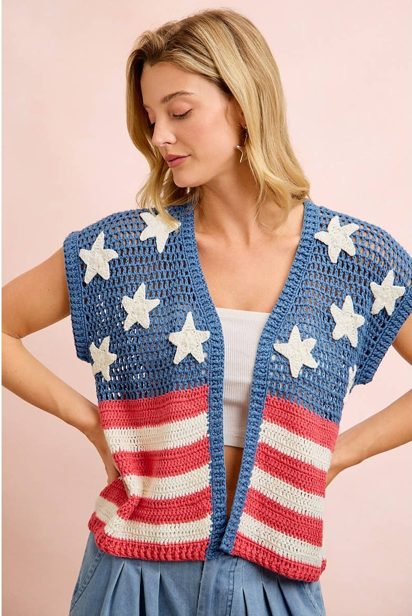 American Flag Short Sleeve Cardigan-Cardigan-BiBi-Stuffology - Where Vintage Meets Modern, A Boutique for Real Women in Crosbyton, TX