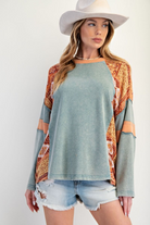 FADED TEAL PRINT MIX WASHED COTTON JERSEY TOP-Top-Easel-Stuffology - Where Vintage Meets Modern, A Boutique for Real Women in Crosbyton, TX
