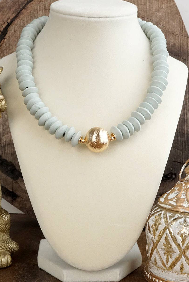 Wood Saucer Beads Short Statement Necklace Gold center Hot Pink Beige Turquoise-Necklaces-PennyLine inc-Stuffology - Where Vintage Meets Modern, A Boutique for Real Women in Crosbyton, TX