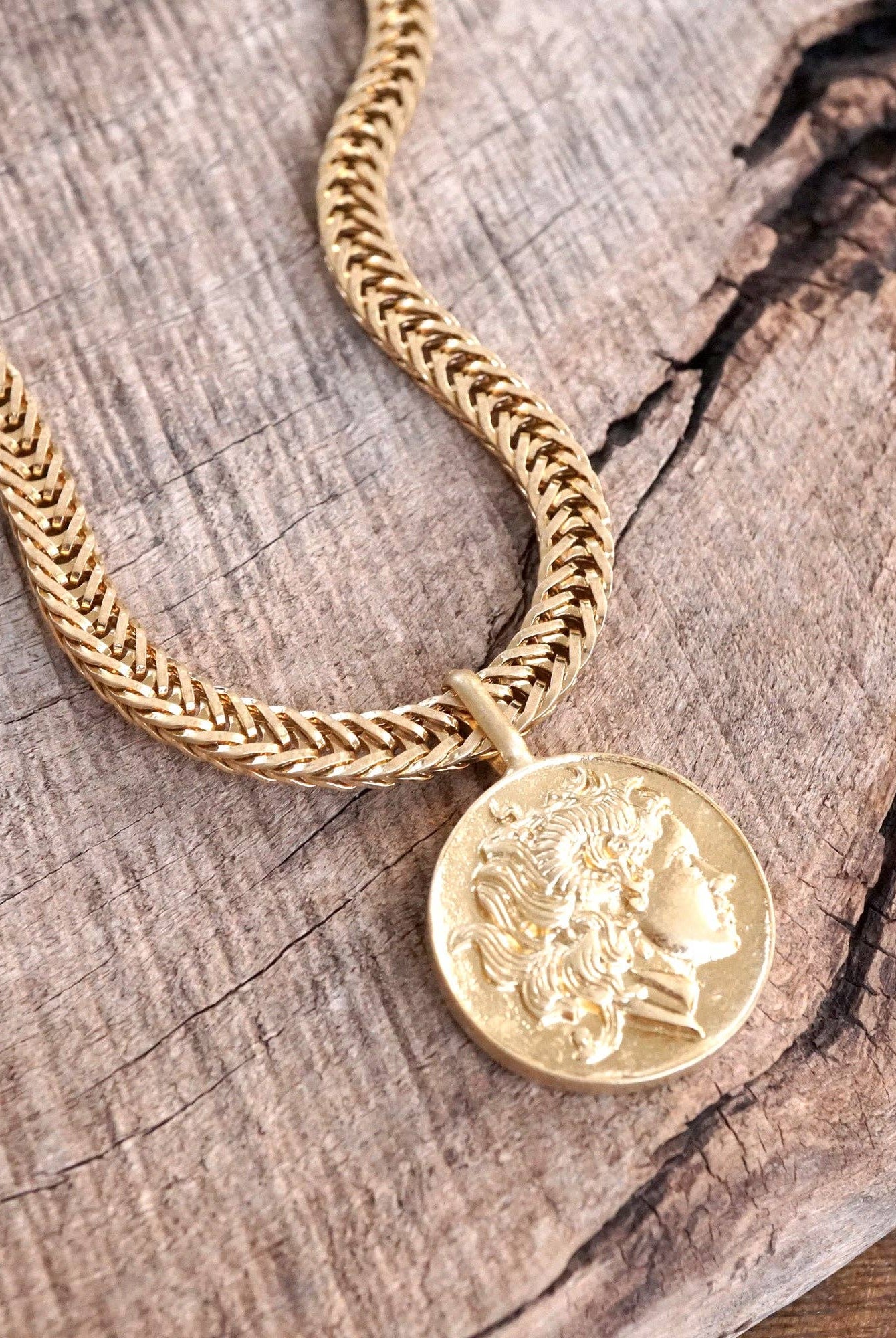 Coin Statement Chain Necklace in Worn Gold Tone-Necklaces-PennyLine inc-Stuffology - Where Vintage Meets Modern, A Boutique for Real Women in Crosbyton, TX