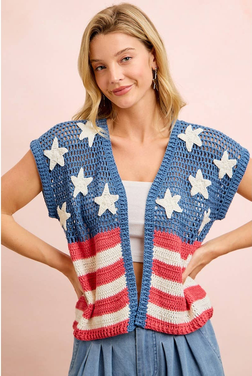 American Flag Short Sleeve Cardigan-Cardigan-BiBi-Stuffology - Where Vintage Meets Modern, A Boutique for Real Women in Crosbyton, TX