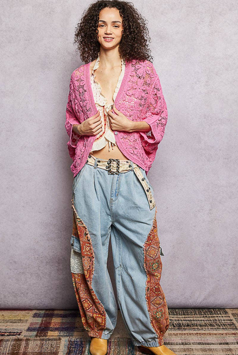 3/4 Sleeve Crochet Button Down Bubble Gum Pink Cardigan-Pol Clothing-Stuffology - Where Vintage Meets Modern, A Boutique for Real Women in Crosbyton, TX