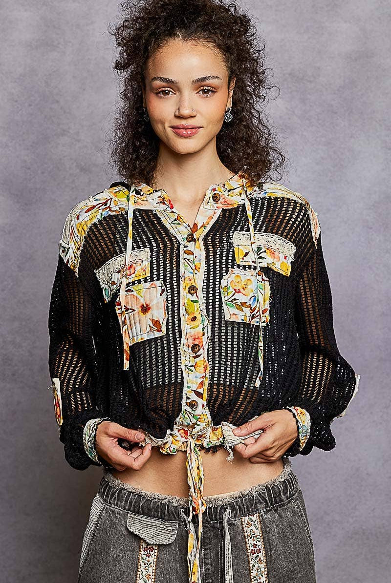 Vintage washed Black Floral Print Patch Crochet Jacket-Jackets-Pol Clothing-Stuffology - Where Vintage Meets Modern, A Boutique for Real Women in Crosbyton, TX