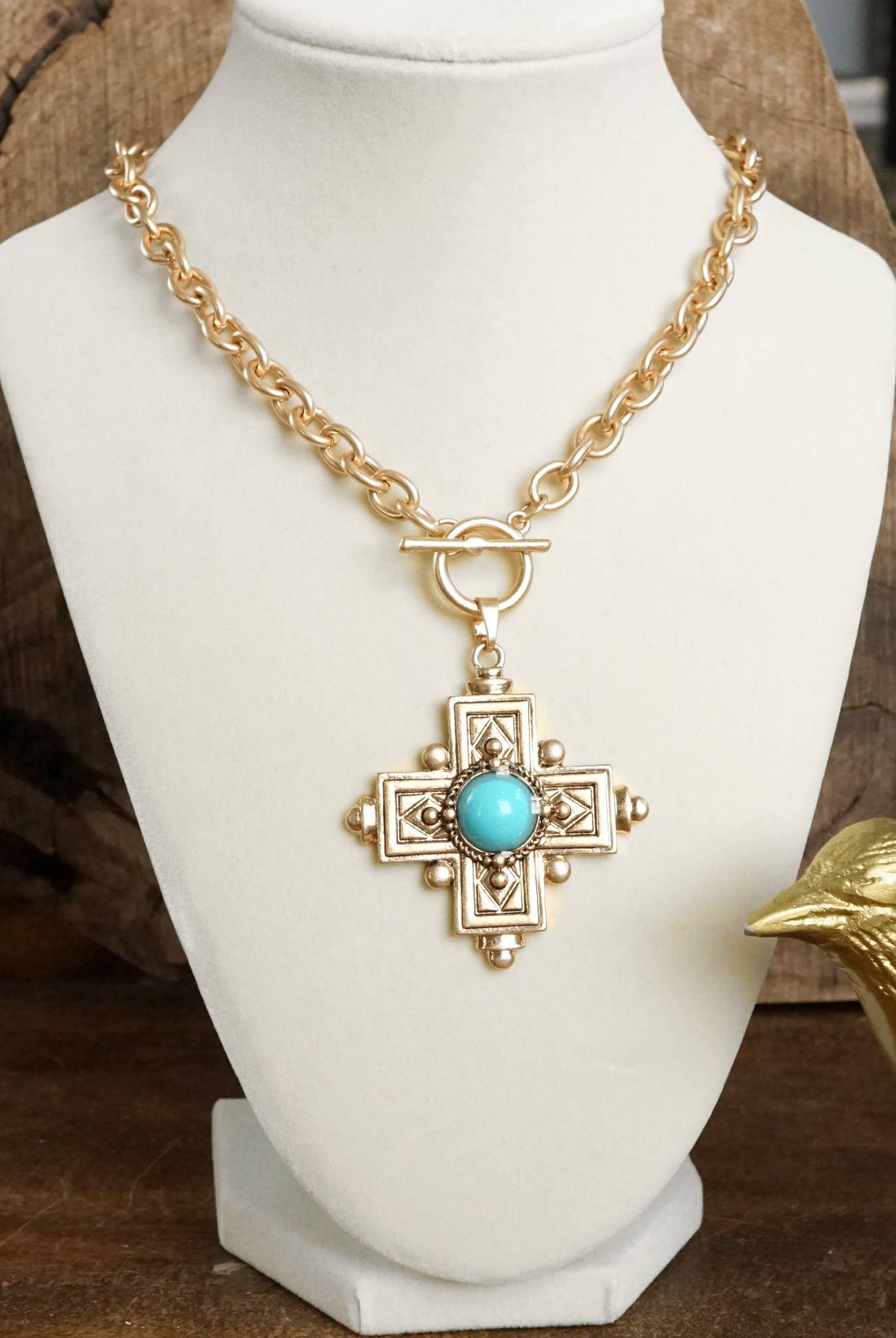 Decorative Cross Necklace Worn Gold or Silver Tone Front Toggle and Turquoise-Necklaces-PennyLine inc-Stuffology - Where Vintage Meets Modern, A Boutique for Real Women in Crosbyton, TX