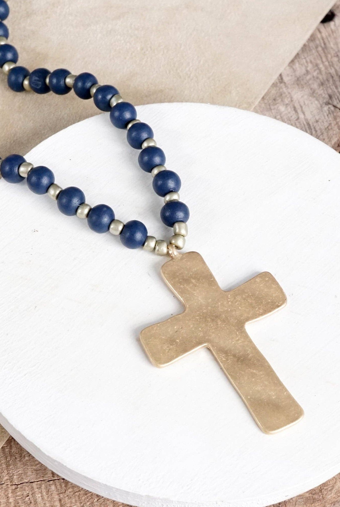 Long Wooden Bead Necklace with Gold Cross-Necklaces-PennyLine inc-Stuffology - Where Vintage Meets Modern, A Boutique for Real Women in Crosbyton, TX