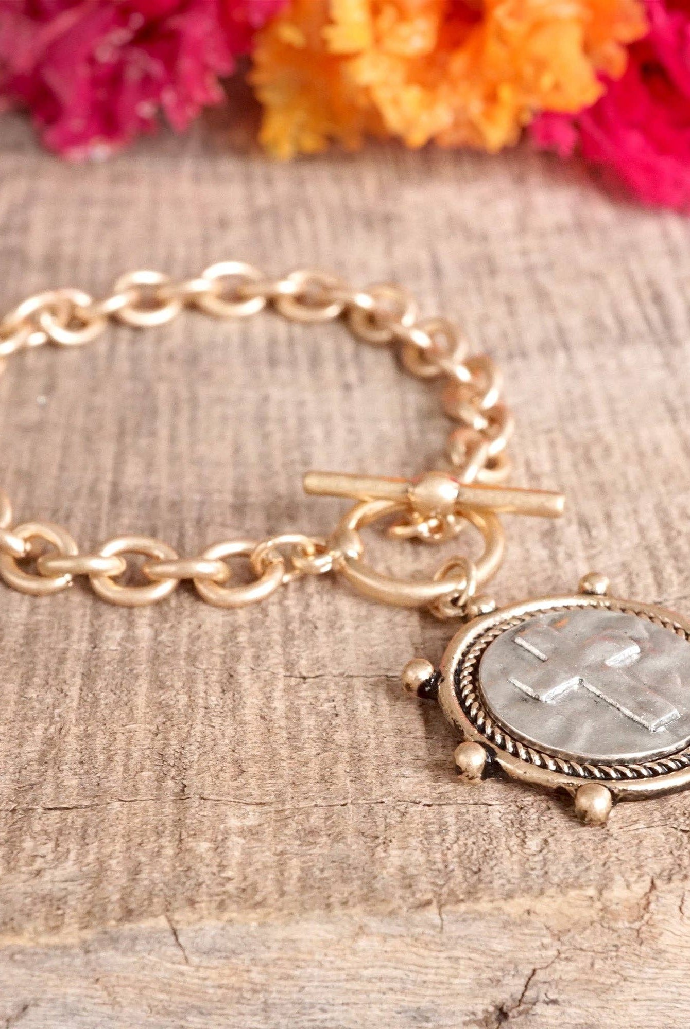 Cross Coin Chain Bracelet Toggle Closure Silver or Gold Tone-Bracelets-PennyLine inc-Stuffology - Where Vintage Meets Modern, A Boutique for Real Women in Crosbyton, TX