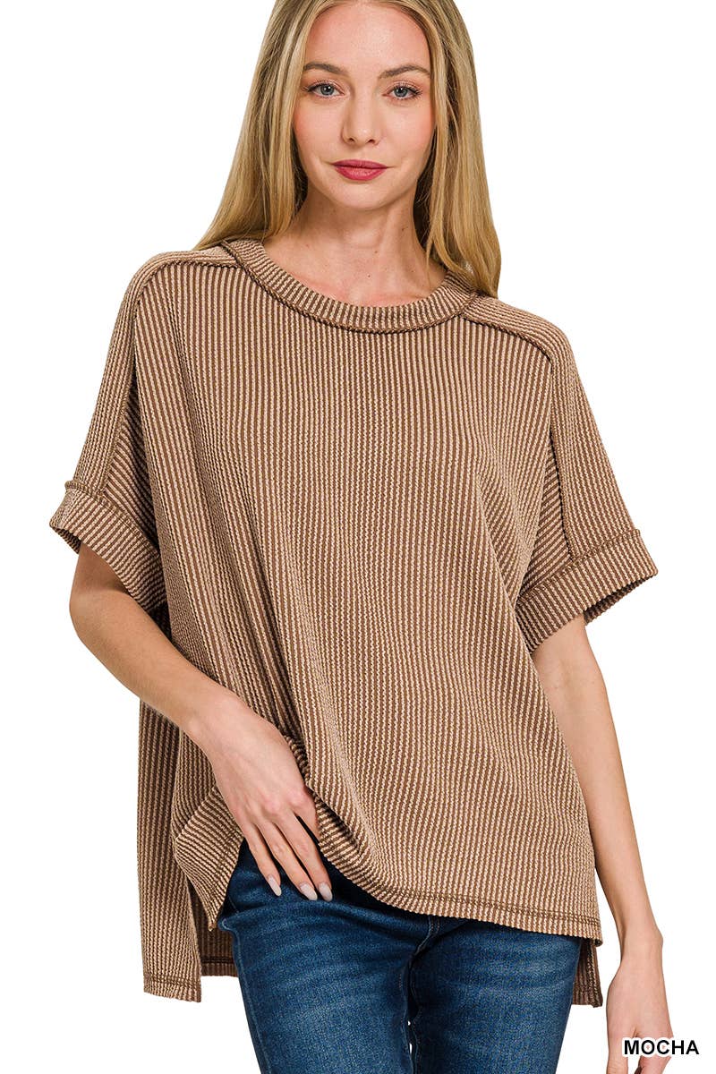 Corded Rib Short Cuff Sleeve Raw Edge Top-TOP-Stuffology Boutique-Stuffology - Where Vintage Meets Modern, A Boutique for Real Women in Crosbyton, TX