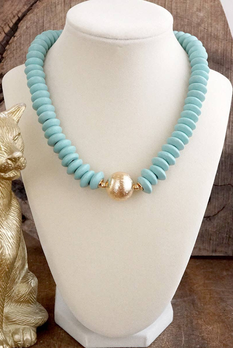 Wood Saucer Beads Short Statement Necklace Gold center Hot Pink Beige Turquoise-Necklaces-PennyLine inc-Stuffology - Where Vintage Meets Modern, A Boutique for Real Women in Crosbyton, TX