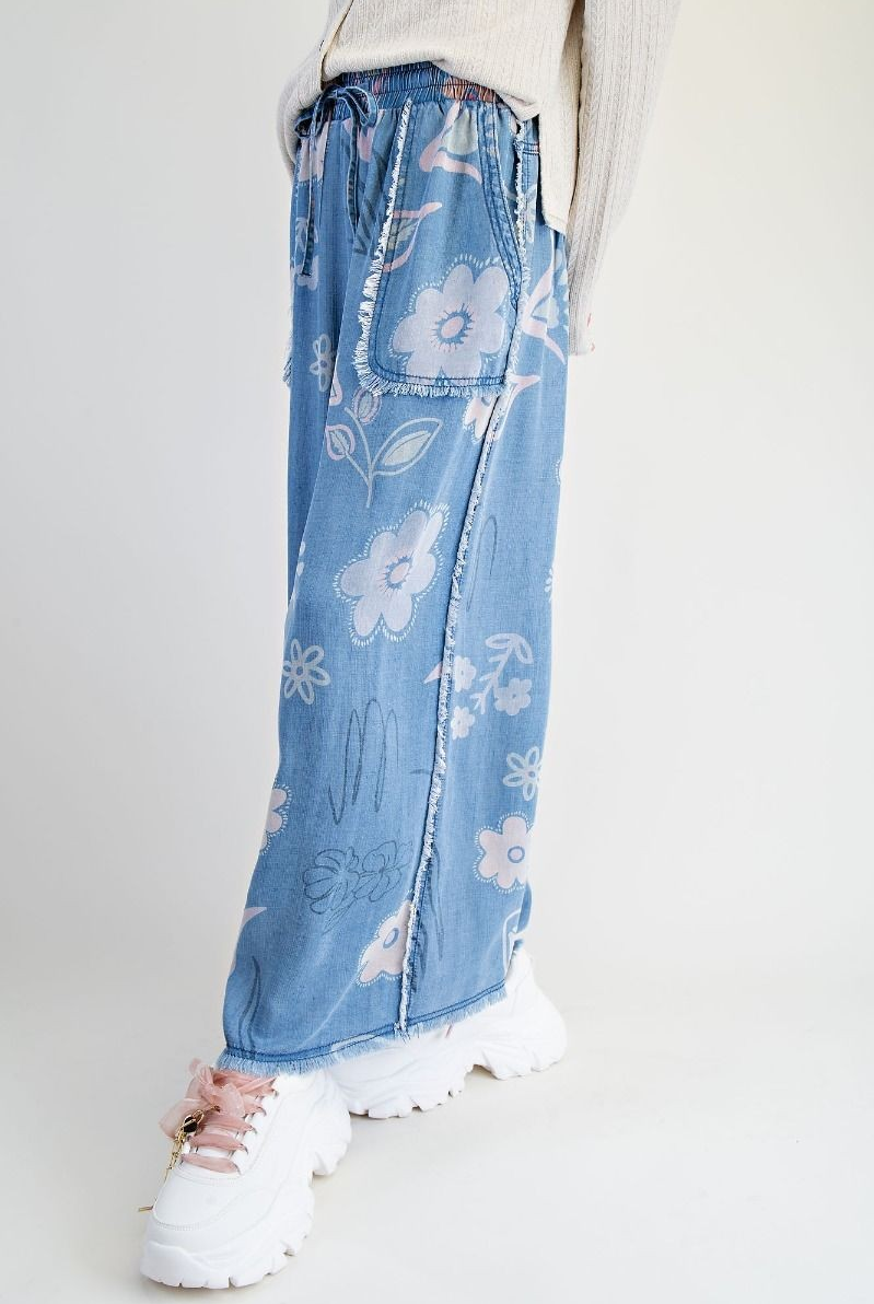 FLORAL PRINT WASHED CHAMBRAY PANTS-Pants-EASEL-Stuffology - Where Vintage Meets Modern, A Boutique for Real Women in Crosbyton, TX