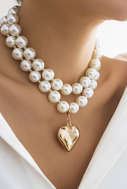 LUSTROUS PEARL BEADED LAYERED HEART NECKLACE-Necklaces-JOSSLYN by wall to wall-Stuffology - Where Vintage Meets Modern, A Boutique for Real Women in Crosbyton, TX