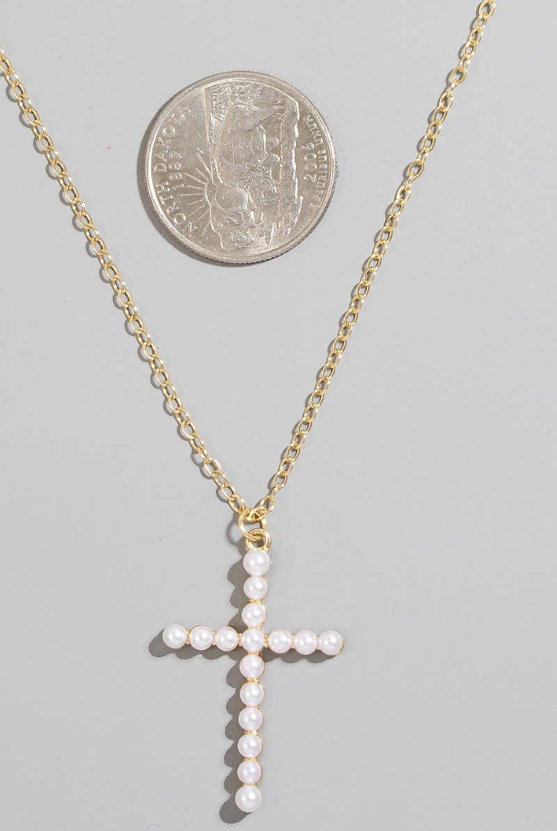Pearl Cross Pendant Necklace-Necklaces-The Looks by Fame Accessories-Stuffology - Where Vintage Meets Modern, A Boutique for Real Women in Crosbyton, TX