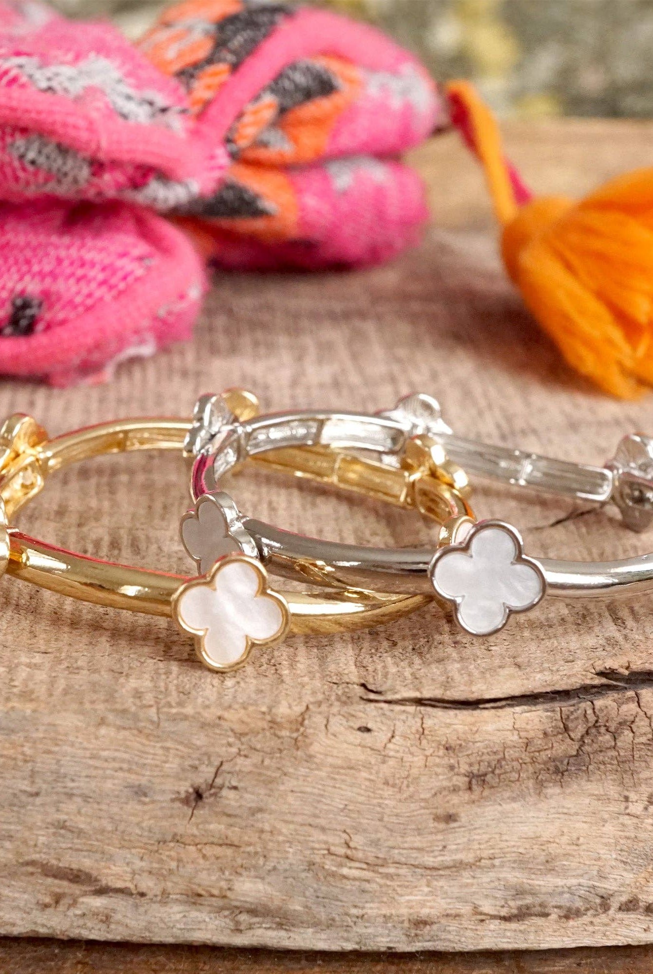 Clover Stretchy Bangle Bracelet – Mother of Pearl in Gold or Silver Tone-PennyLine inc-Stuffology - Where Vintage Meets Modern, A Boutique for Real Women in Crosbyton, TX