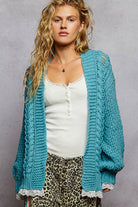 V neck lace trim solid acrylic sweater open cardigan top-Pol Clothing-Stuffology - Where Vintage Meets Modern, A Boutique for Real Women in Crosbyton, TX